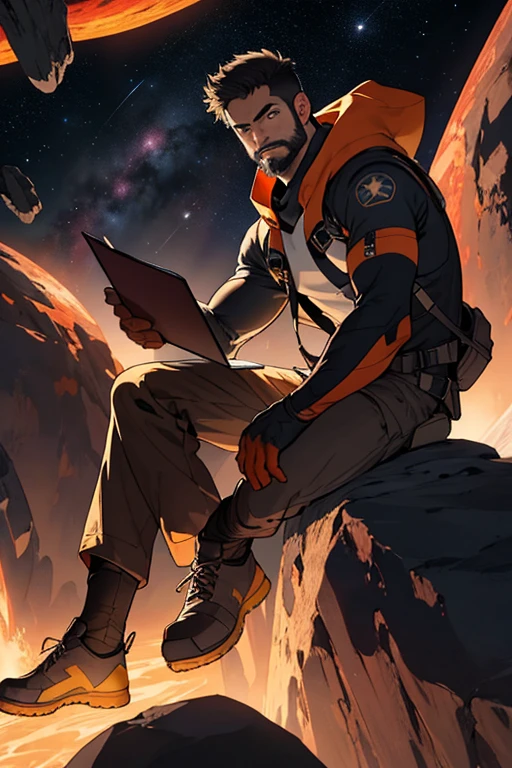 Draw a young programmer, sitting on a research platform floating in the middle of an asteroid belt. He is studying with a notebook, surrounded by several asteroids glowing with fiery auras. Dramatic lighting from distant stars and planets illuminates the scene, casting deep shadows on the suit. The young man looks confident and determined, looking at the vast and mysterious universe with wonder and respect,facial hair, cowboy shot,