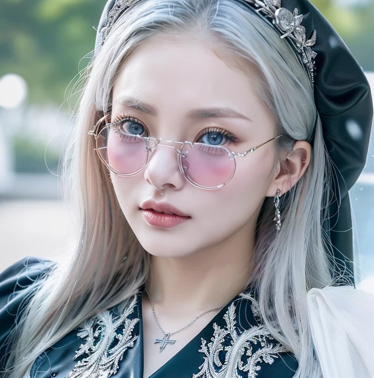 1 miniature Beautiful beautiful woman - Yuan Sayuki, ((top quality, 8K, Masterpiece:1.retty woman, 1 woman, huge breasts:1.3, a slim body:1.1, lush white long hair, (shower, wet body, wet clothes:1.1), very detailed face, detailed lips, detailed eyes, double eyelids, Detailed blue eyes, чрезвычайно Detailed Outstanding Blue Eyes, white wet hair, white wet hair, Detailed Outstanding Blue Eyes, innocent look at the viewer, very wet wavy white hair, Detailed Outstanding Blue Eyes, huge cross earrings, Outdoors, badges behind, gothic wedding uniform, sexy gothic style wedding dress with veil, bare chest, huge chest tattoo wearing a wreath, detailed huge earrings, chest tattoo, Outside - there are trees and a buddhist temple in the background, wear a silver cross (Detailed cross shape), reality mode, wet breasts, black necklace, black wedding dress and black veil, human crowd behind, head/forehead chain veil, black latex gloves, naked breasts, naked breasrs, naked nipples, hair of white snowy colour, accurately detailed RED TAINTED GLASSES