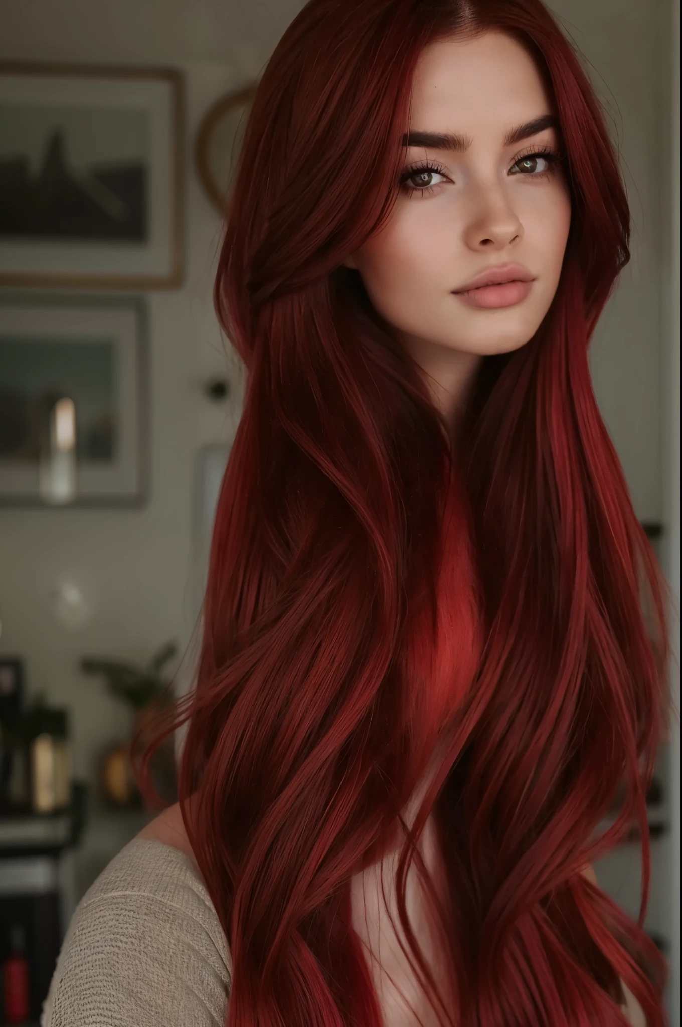 a close up of a woman with cabello rojo and a gray shirt, long glowing cabello rojo, with dark pelo rojizo, cabello rojo and attractive features, pelo rojizo, long dark cabello rojo, dark cabello rojo, long loose cabello rojo, pelo largo rojo, with long cabello rojo, long crimson hair, crimson red hair, long cabello rojo, crimson red hair carmesí, cabello rojo