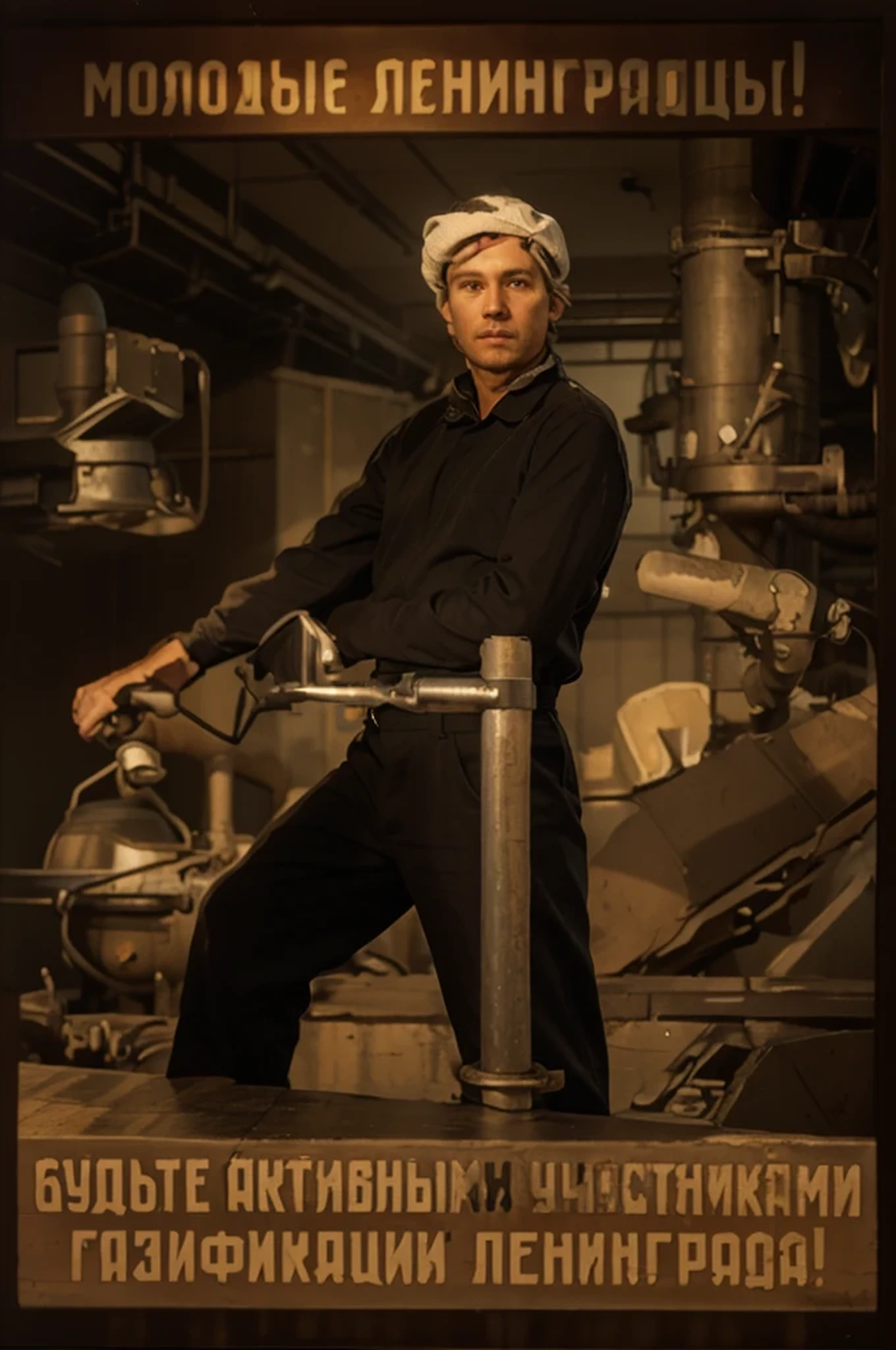 banner, shows many Soviet workers, friendly Russian face, wears gray overalls, beanie hat, construction gloves, is working with a tool, is in an oil plant many metal pipes, communist Soviet industrial building, industrial chimneys with a lot smoke, soviet propaganda style, russian letters