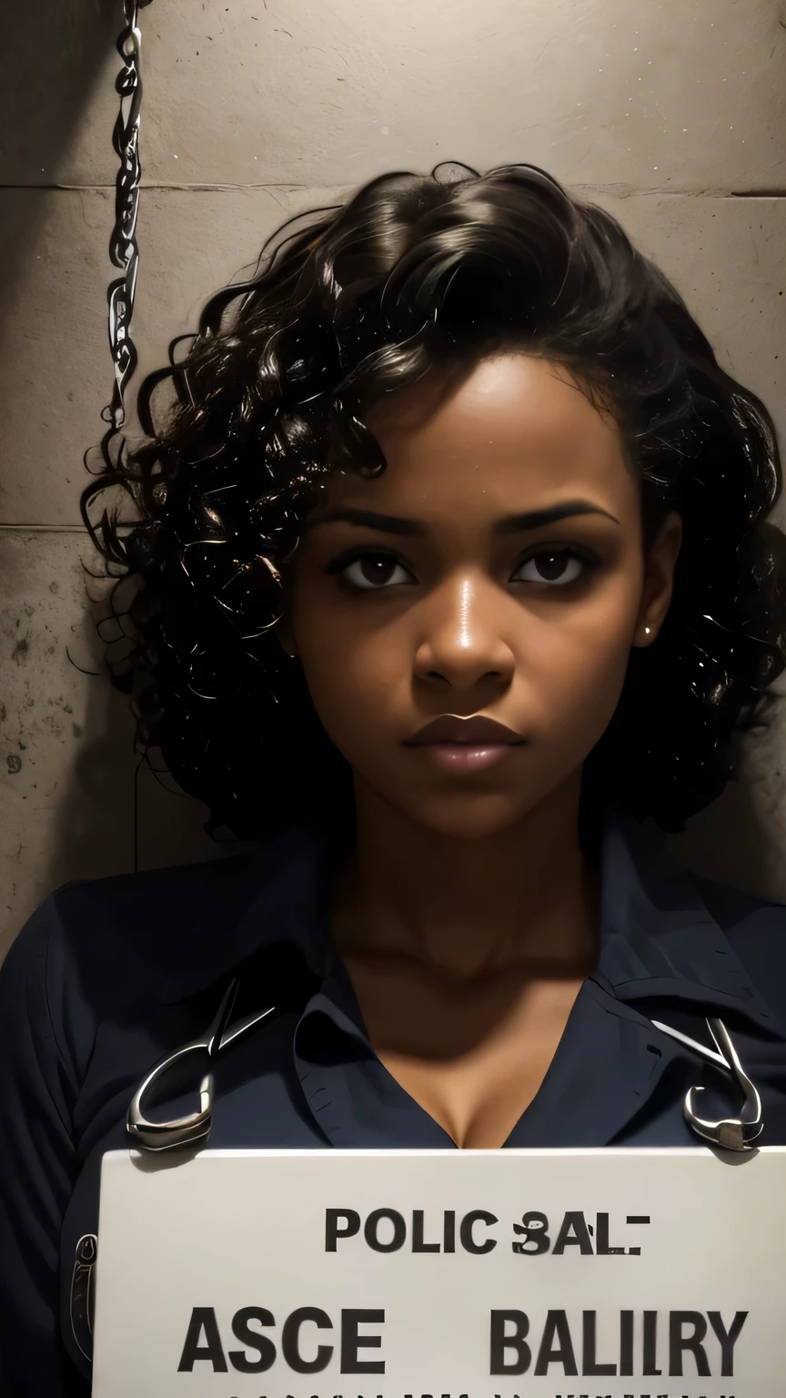 beautiful woman, mug shot, jail house, booking sign, detailed eyes, colorful backdrop, dramatic lighting, high resolution, vintage style, intense expression, artistic portrait, crime scene ambiance, handcuffed, captivating gaze, emotional depth, hauntingly beautiful, worn-out walls, somber atmosphere, dark shadows, raw intensity, powerful presence, black woman, curly hair, busty, sexy smirk, teasing gaze, African latina woman, mug shot, booked by police