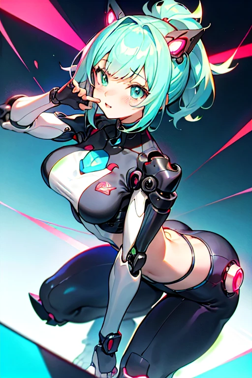 写真のためにポーズをとる手足がない2 人のanime girl, biomechanical , an  cyberpunk, chic, Vermilion and light blue, red and cyan, anime girl, , cute  ,  proportions, 2 人の美しいanime girl,  anime style,  style,