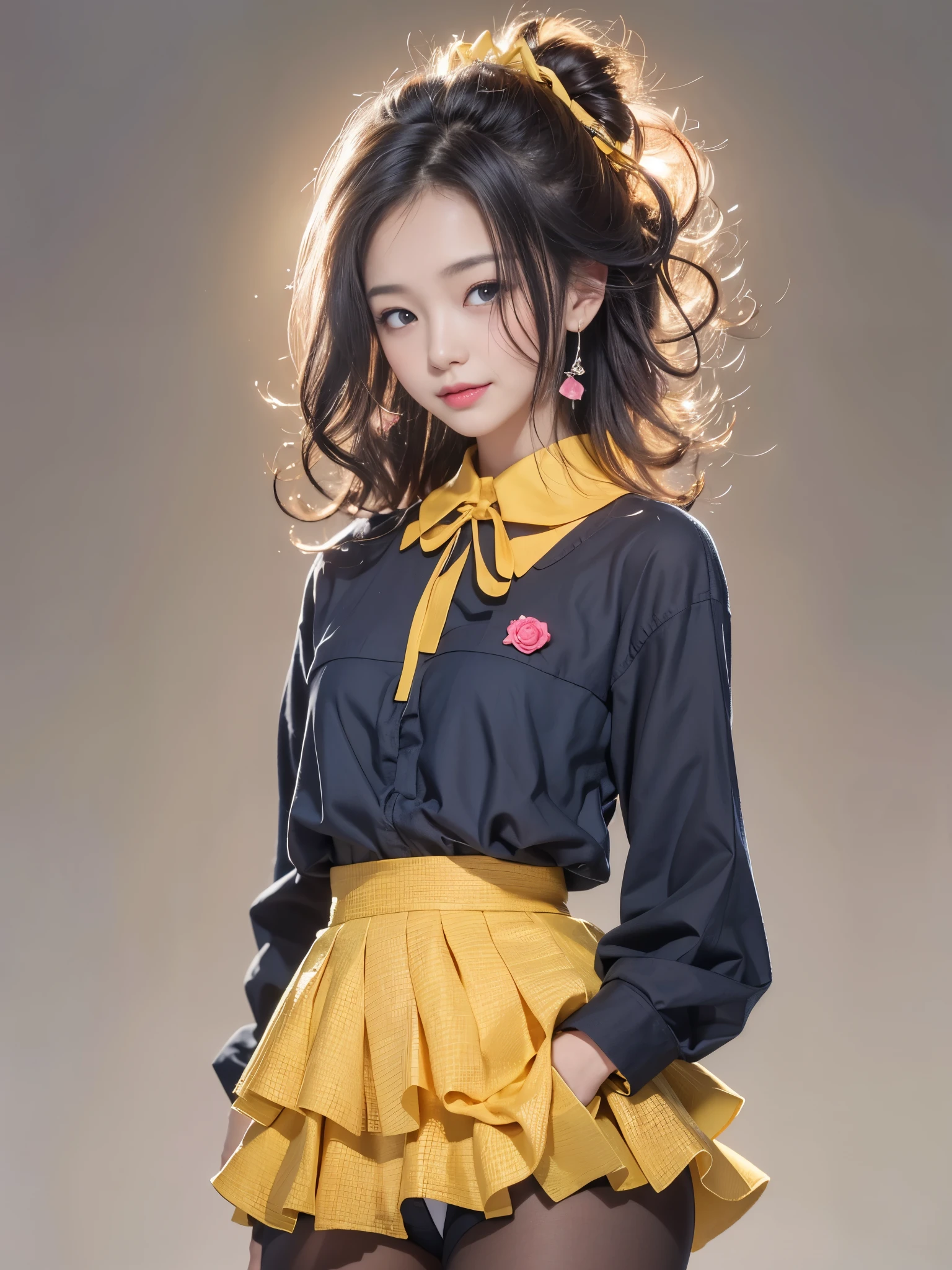 Beautiful Japan woman, nice perfect face with soft skin, small face with nose and rose-like lips, beautiful eyes, beautiful smile. Black, thin and long beautiful hair bathed in a bright etheric shine. Gradient highlight greige layer loose fluffy medium hairstyle, navy band collar shirt, houndstooth yellow flared skirt, bright neon colorful background, super realistic woman photo, high quality High Resolution 8K masterpiece