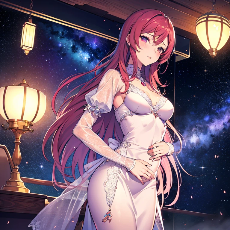 {{{{{Maki Nishikino}}}}},{{{lovelive}}},pink colour,sexy lace ballet Deep v,be shy,Sexy magnificent/gorgeous Siamese purple lace ballet,petite,small and exquisite,{{{}}},Her breasts are not big,night sky,arrays/swarms of stars,Milky Way,Please draw a masterpiece, an extremely exquisite illustration, so that I can see the most real light and shadow and the Milky Way - the most detailed background - the most detailed details. The most beautiful little body the smoothest skin. Wearing a layer of tulle lace sexy gorgeous clothes, with long big top sleeves. She put her hands behind her back,(extremely detailed CG unity 8k wallpaper),(((masterpiece))), (((best quality))), ((ultra-detailed)), (best illustration), [:((flat color),(bright colorful background),(((high saturation))),