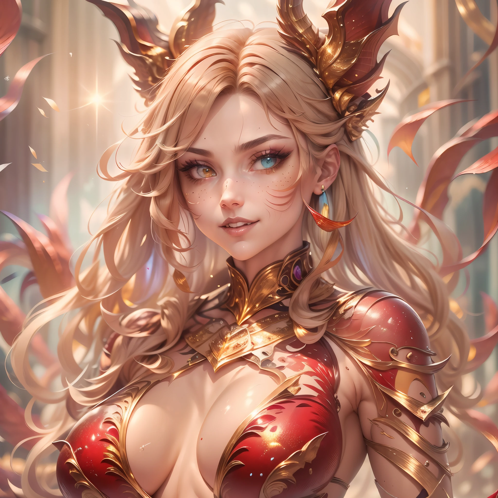 (best quality,4k,8k,highres,masterpiece:1.2, portrait), ultra-detailed, realistic, naked sexy dragon woman with red and gold glittering scales, skin is glittering ruby and golden scales, long wavy blonde hair with red highlights, very playful but mischievous smile, huge tits, gigantic breasts, naked, nude, detailed crotch, detailed vulva, sexy pose, playful, bi-coloured eyes, heterochromia, lustful