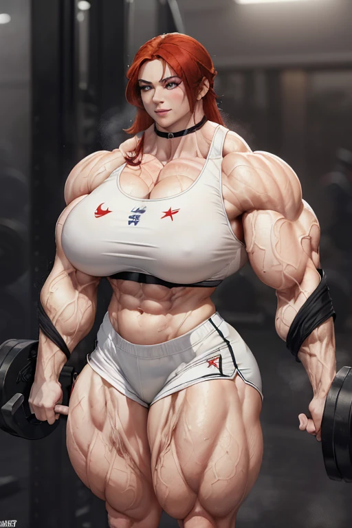 (((((Massive, tall, beautiful, sweating, pale white skinned, buff, muscular asian woman with red hair, ginormous bulky muscles flexing biceps and wearing a black sports bra and black dolphin shorts))))), (close view), massive muscle, massive biceps, hyper muscle shoulders, vascular shoulders, hyper muscle triceps, (long hair), yellow eyes, choker, fingerless gloves, (in a steamy foggy weight room), confident smile, morning, hyper vascular arm, hyper muscles arms, hyper muscle legs, massive arms.