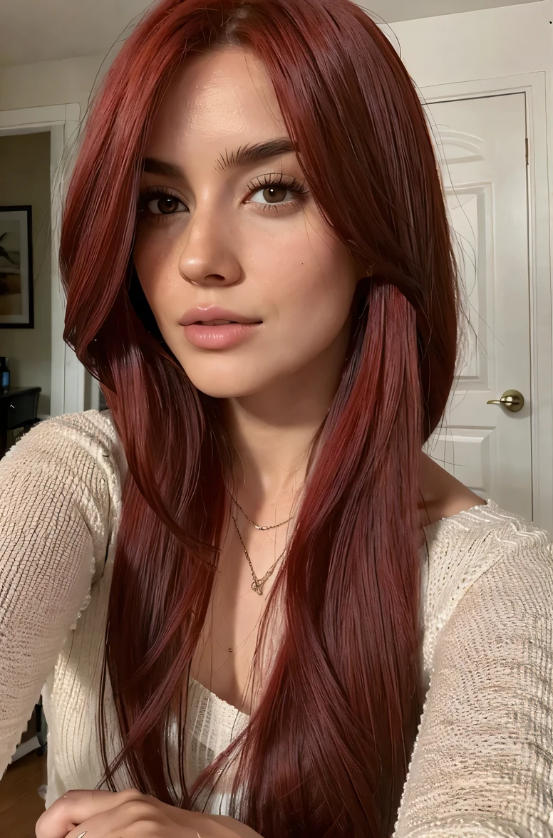 a close up of a woman with cabello rojo and a gray shirt, long glowing cabello rojo, with dark pelo rojizo, cabello rojo and attractive features, pelo rojizo, long dark cabello rojo, dark cabello rojo, long loose cabello rojo, pelo largo rojo, with long cabello rojo, long crimson hair, crimson red hair, long cabello rojo, crimson red hair crimson, cabello rojo