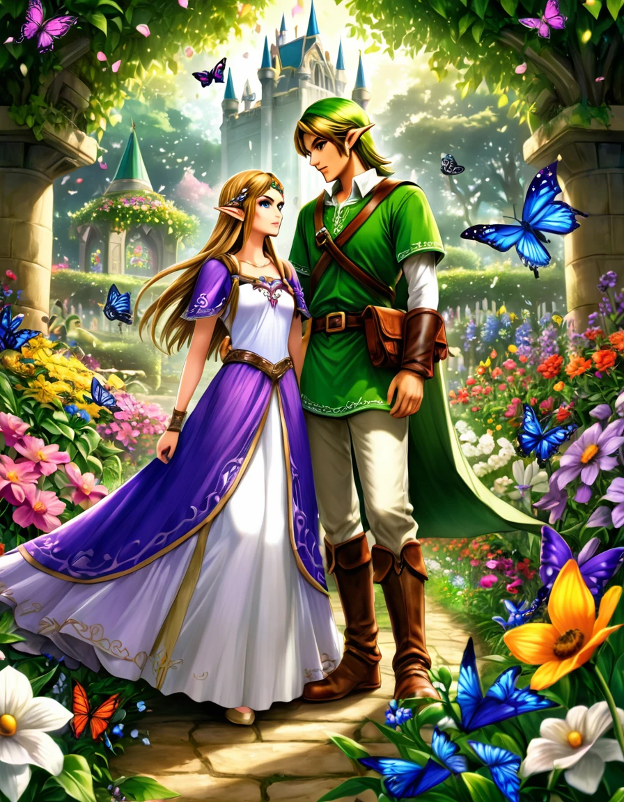 absurdres, highres, ultra detailed, HDR), masterpiece, vibrant blue eyes, Link, dark brown short hair, hair between the eyes, green tunic, The legend of zelda twilight princess, Princess Zelda, dark brown long hair, purple and white dress, a handsome man together with a beautiful woman, couple, elf, flower garden, butterflies, petals