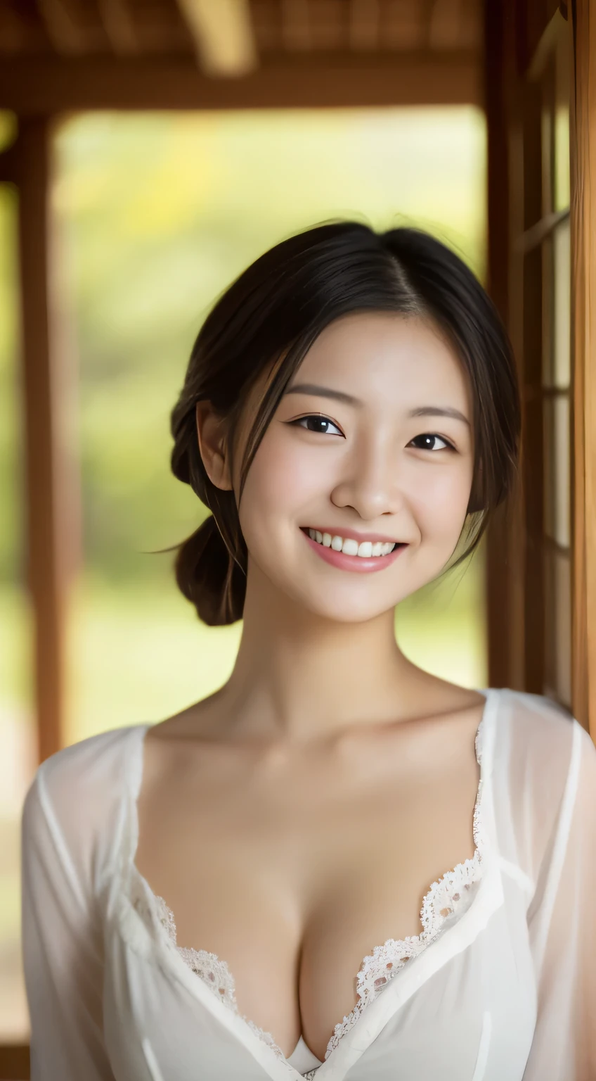 masterpiece,best quality,(Japanese ),((Beautiful girl)),cleavage,indoor,(perfect body beauty:1.2),(shy smile),beautiful teeth,