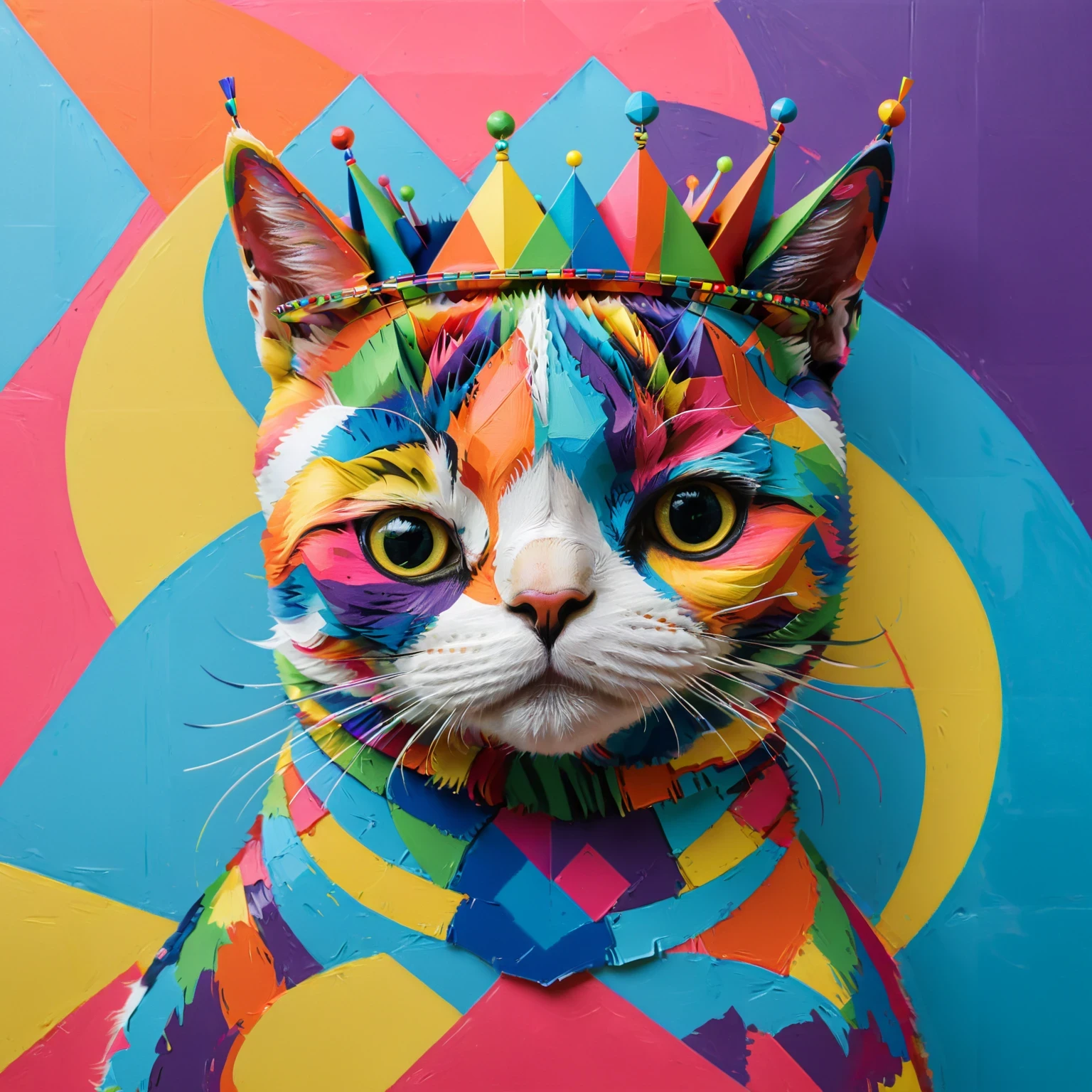 diy11,a crowned cat in a modern and pop art style, with geometric twists and rainbow hues seamlessly incorporated into the design
