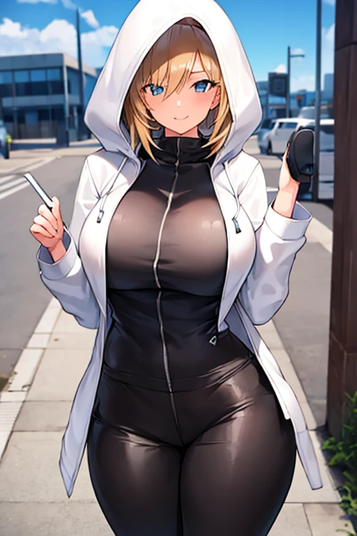 1girl, hood, jacket, hooded jacket, hood on, hood up, blonde hair, large breasts, breasts, wide hips, thick thighs, hourglass figure, white jacket, black shirt, shirt, very short hair, pants, black pants, smile, toned, toned female, urban, mature female, tall, tall female, tomboy,