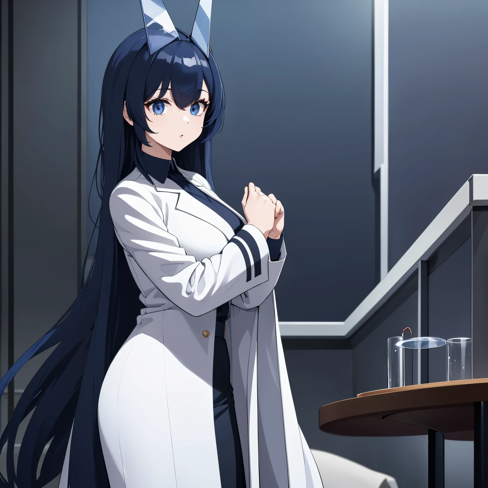 a woman wearing a long white coat, black coat, blue shirt inside, short black skirt, long black socks, long navy blue hair, blue eyes, in a laboratory, with tables, holograms, various research devices, white wall, very detailed , ultra resolution, well defined, masterpiece, 4K HD