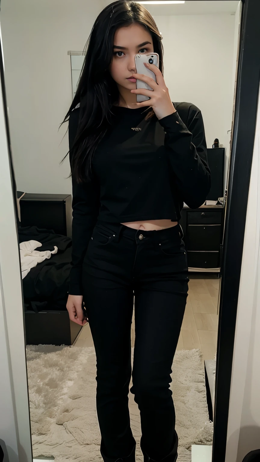 girl taking a picture infront of her mirror, wearing a black shirt with black flare jeans and black boots