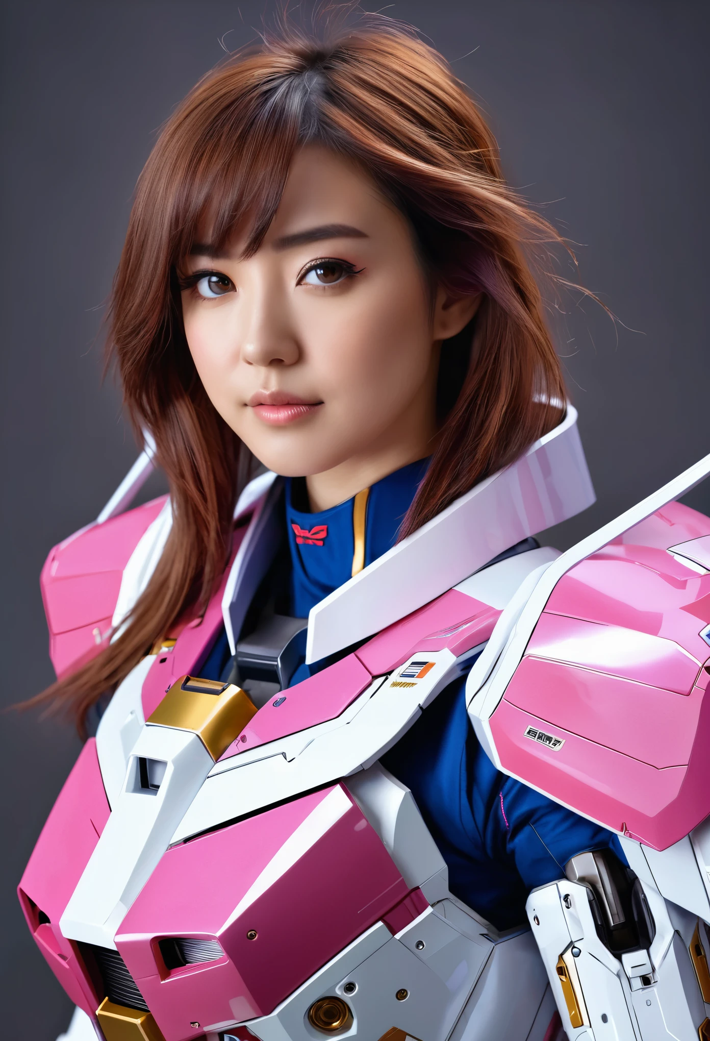 RAW, Masterpiece, Ultra Fine Photo,, Best Quality, Ultra High Resolution, Photorealistic, Sunlight, Full Body Portrait, Stunningly Beautiful,, Dynamic Poses, Delicate Face, Vibrant Eyes, (Side View) a close up of a woman in a pink and white gundam custume, dybamic pose, long brown very very long hair rapunzel, girl in mecha cyber armor, portrait armored astronaut girl, d. va from overwatch, female mecha, on a gundam, gundam head, chiho aoshima color scheme, mobile suit, streamlined purple armor, fully robotic!! girl, realistic cosplay, gundam armor (dynamic pose) (best cameraview), full body