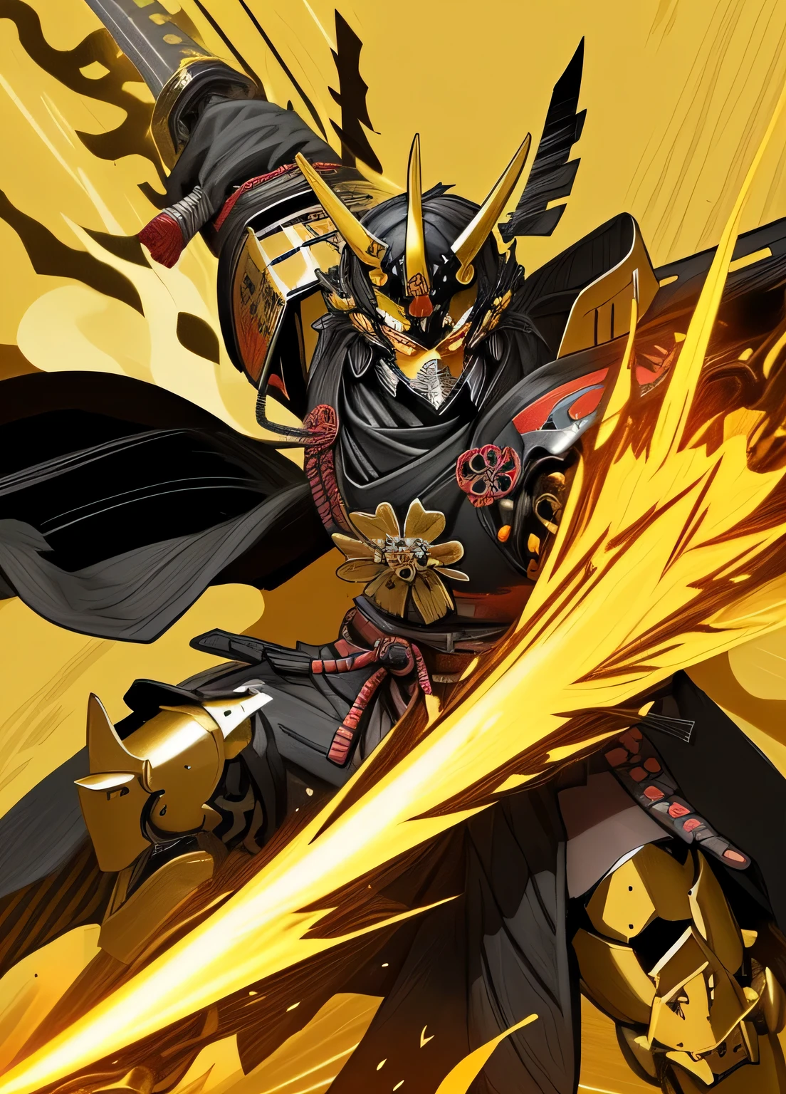 samurai mecha with black and gold colors - flaming long sword
