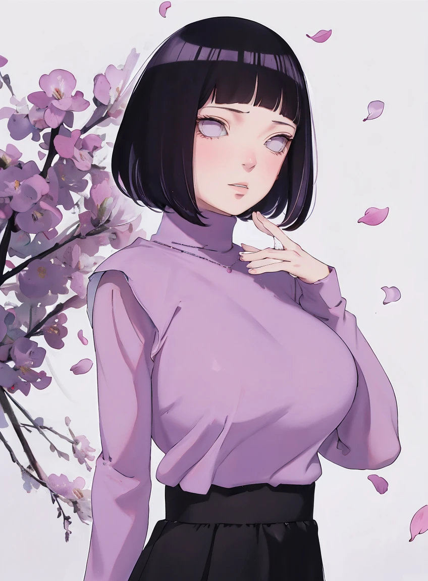 { - anatomy error} (Masterpiece - Ultra-detailed, very high resolution) (huge titusty, masterpiece, absurdres, hinata\(boruto\), 1girl, solo,mature female, lilac turtleneck blouse, black pant, looking at viewelling petals), perfect composition, detailed lips, big breast, beautiful face, body propotion, blush, (pink lips), short hair, (black hair), purple eyes, soft gaze, super realistic, detailed, photoshoot, realistic face and body, closed mouth , lilac eyes, upper body, hidden hands, perfect fingers, inocent face, portrait, , backwards, looking back, dynamic poses