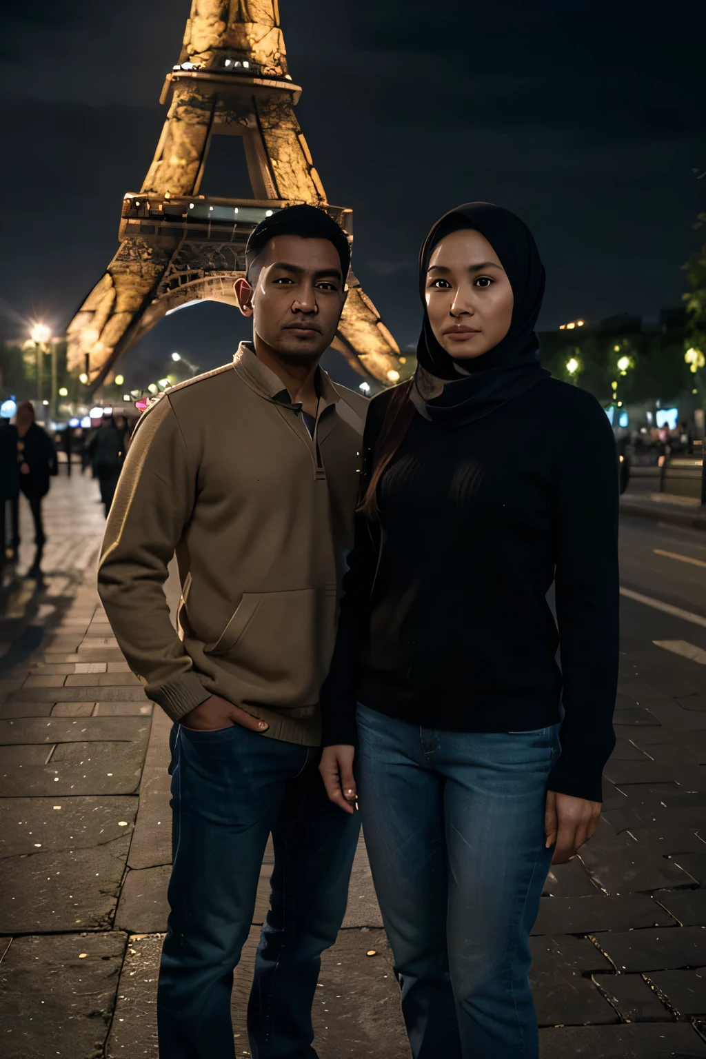Masterpiece, upper, very detailed, real photos, couple indonesian woman wearing hijab and indonesian man wearing a sweater and jeans, standing facing the camera under the Eiffel Tower at night , 32K ultraHD resolution, HDR, 800mm lens, realistic , hyperrealistic, photography, professional photography, deep photography, ultra HD, very high quality, best quality, mid quality, HDR photo, focus photo, deep focus, very detailed, original photo, original photo, ultra sharp, nature photo, masterpiece, award winning, shot with hasselblad x2d