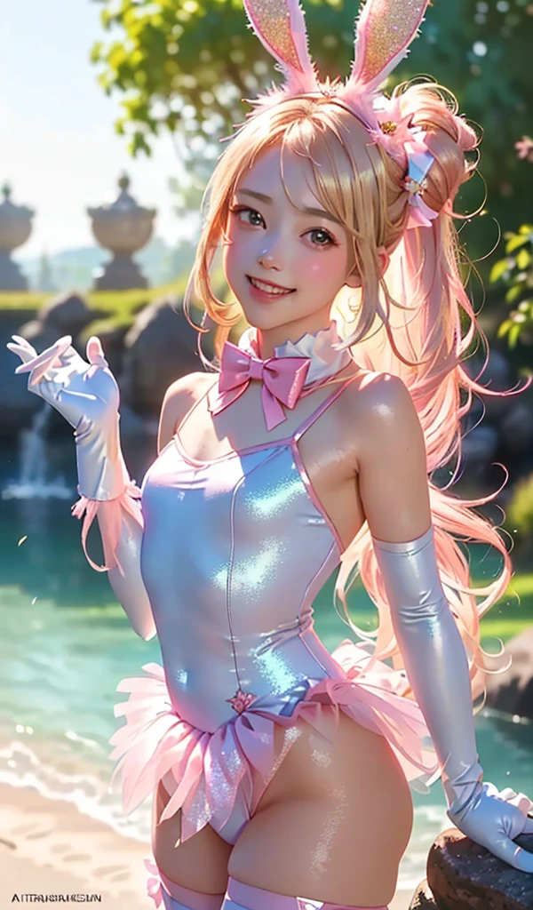 masterpiece, best quality, extremely detailed CG unity 8k wallpaper, (Upper Body head close-up shot of a beautiful little girl), Wendy, Elegant Long straight blonde hair, (Mckenna Grace), ((flat chest,thighs)), ((pink-Cyan)) golden ((Glittering tutu,long Bunny Ear Headgear, glove, Bow-tie, zettai ryouiki)), (()), (Blush), oil skin, (seductive smile), (Wonderland), pretty face, key art, award winning, intricate detail realism hdr, by (ruan jia and artgerm and range murata), Photorealism, Hyperrealism, ultra realistic, dramatic light, intense shadows, gorgeous view, depth of field
 
