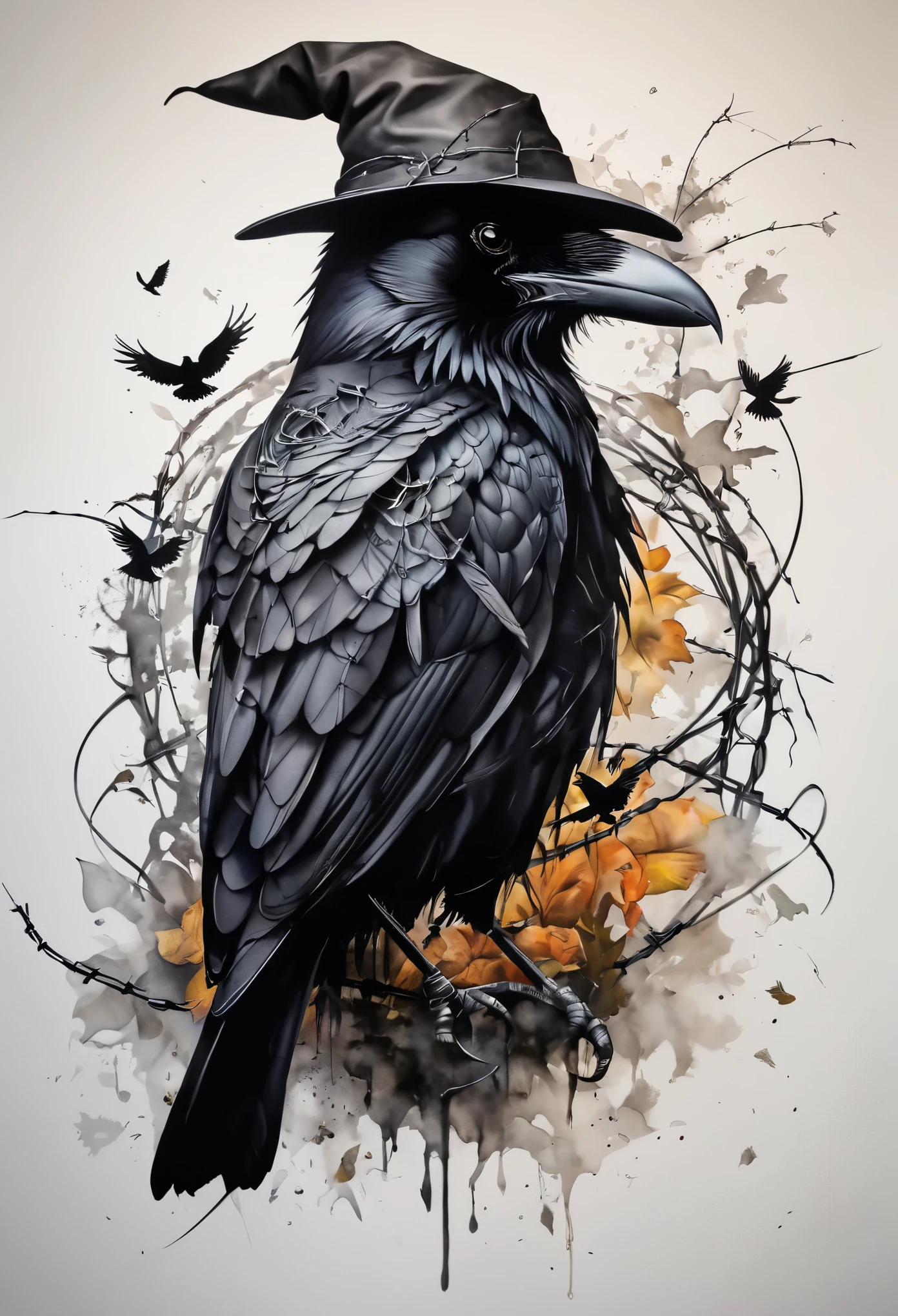 Vektor Create an exquisite ink pintura on white paper that is the perfect multi-exposure work of art. This piece was intended to combine the shadowed volume of a crow and a scarecrow and barbed wire. hiper-realista.estilo de tatuagem, respingo de tinta, cores em branco ,Preto e branco , cinematic, illustration, pintura, foto, Poster, fantasia negra