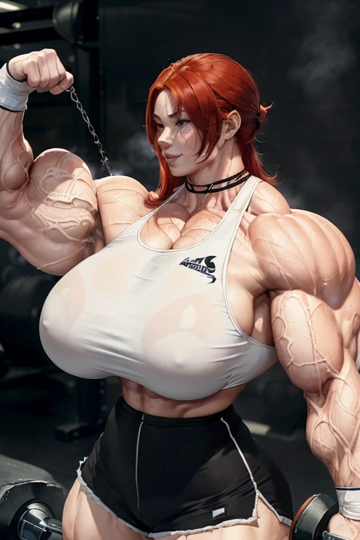 (((((Massive, tall, beautiful, sweating, pale white skinned, buff, muscular asian woman with red hair, ginormous bulky muscles flexing biceps and wearing a black sports bra and black dolphin shorts))))), (close view), massive muscle, massive biceps, hyper muscle shoulders, vascular shoulders, hyper muscle triceps, (long hair), yellow eyes, choker, fingerless gloves, (in a steamy foggy weight room), confident smile, morning, hyper vascular arm, hyper muscles arms, hyper muscle legs, massive arms.