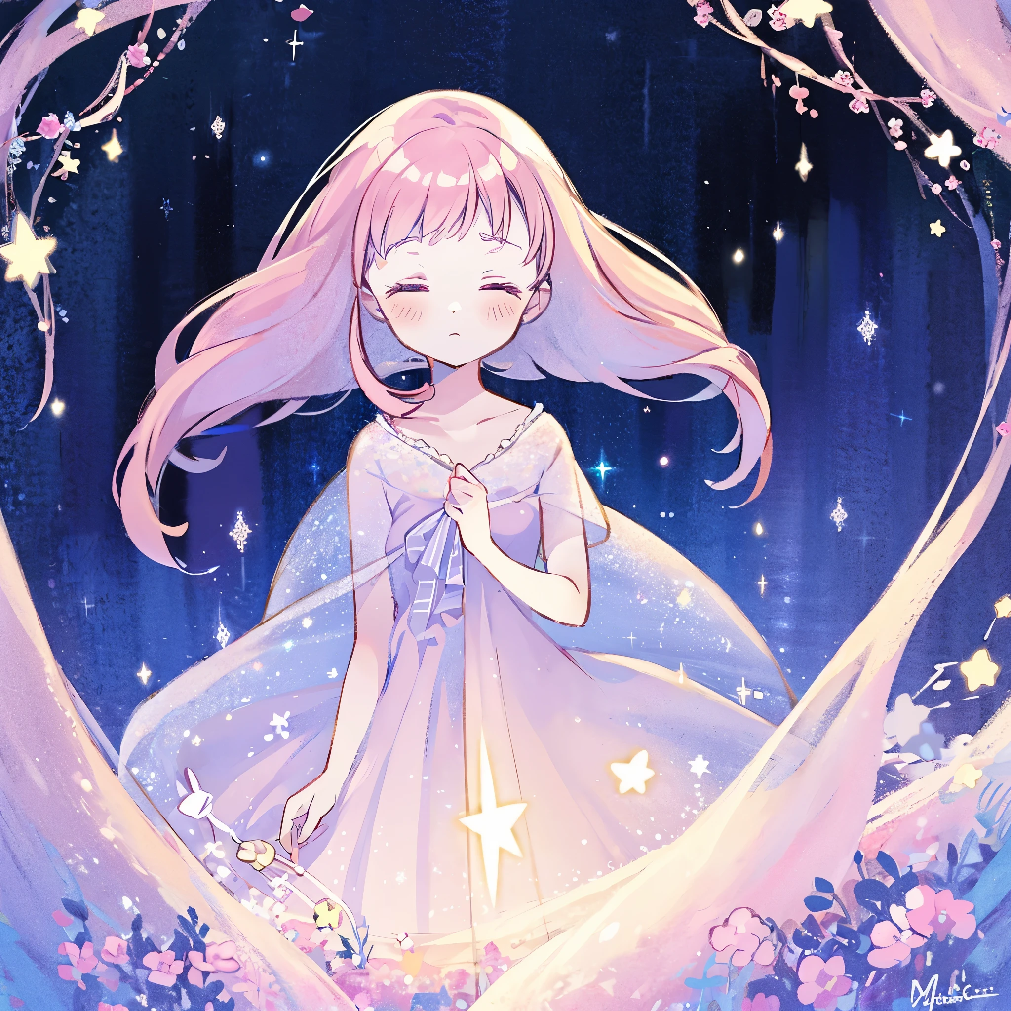 complex background, wishing star background, a woman wearing an ethereal mystical pink translucent dress that reflects the stars, perfume promo art, mystic, complex drawing, highly detailed, Covergirl brand, promo art, artistic rendition, ethereal, starry night, midjourney style