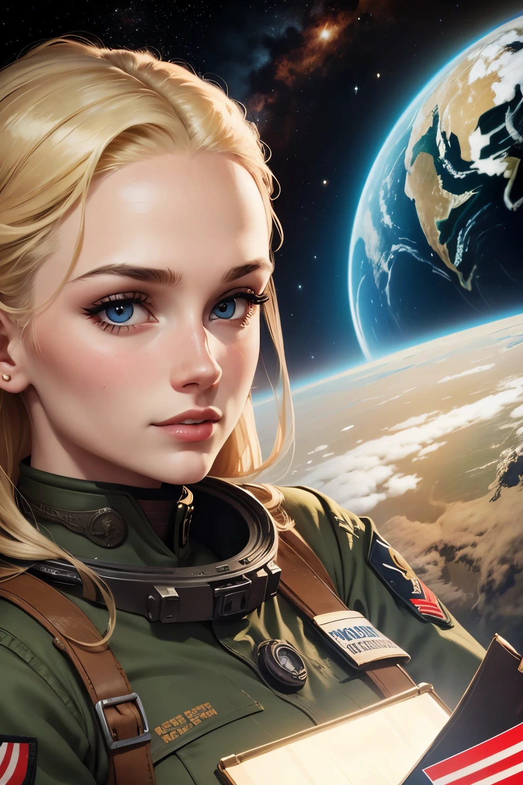 world war 2 propaganda poster showing an attractive military blonde female and in her early 20s in space advertising support for the war effort
