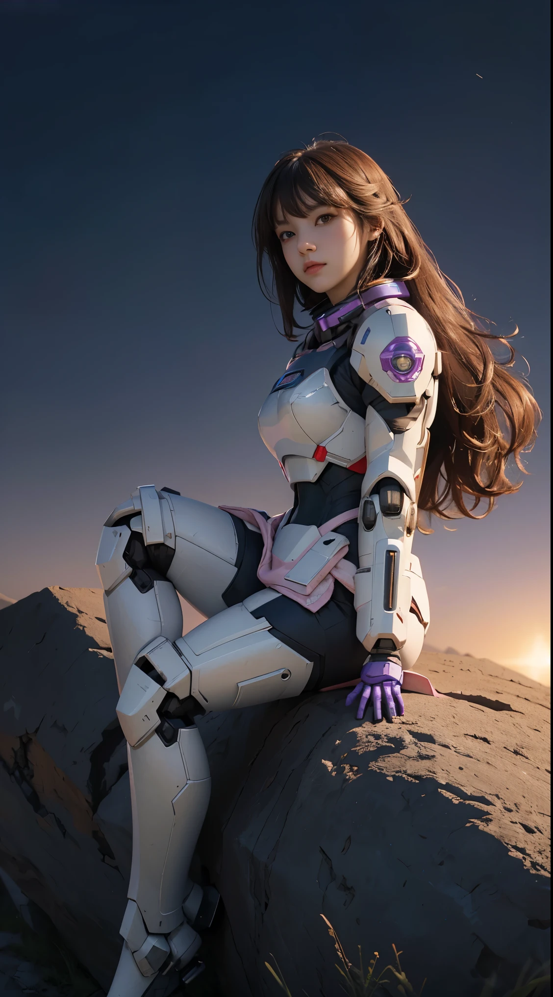 RAW, Masterpiece, Ultra Fine Photo,, Best Quality, Ultra High Resolution, Photorealistic, Sunlight, Full Body Portrait, Stunningly Beautiful,, Dynamic Poses, Delicate Face, Vibrant Eyes, (Side View) a close up of a woman in a pink and white gundam custume, dybamic pose, long brown very very long hair rapunzel, girl in mecha cyber armor, portrait armored astronaut girl, d. va from overwatch, female mecha, on a gundam, gundam head, chiho aoshima color scheme, mobile suit, streamlined purple armor, fully robotic!! girl, realistic cosplay, gundam armor (dynamic pose) (best cameraview), full body