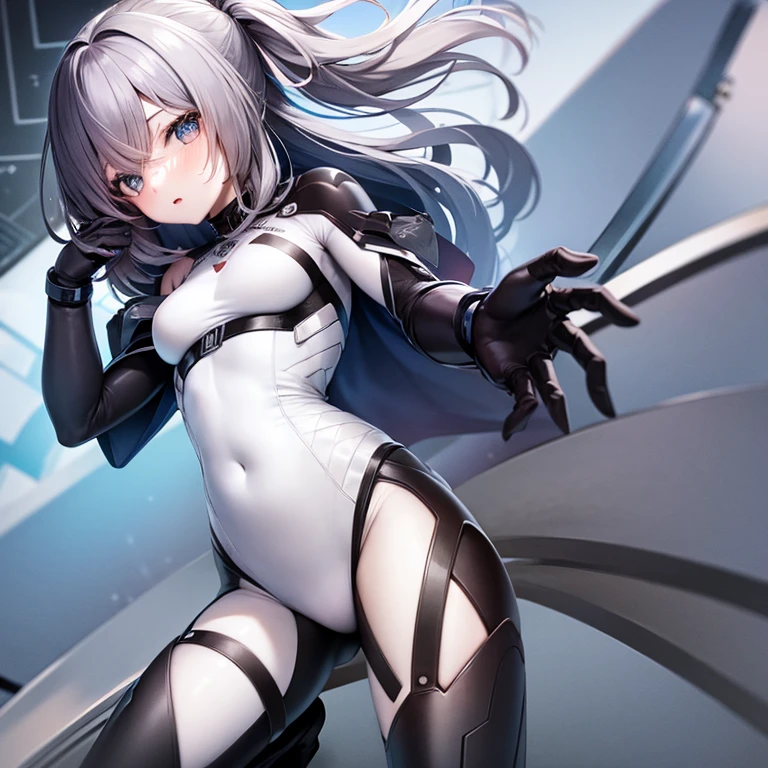 A beautiful girl wearing a robot-like suit that emphasizes her femininity.