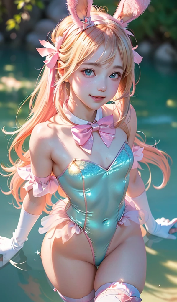 masterpiece, best quality, extremely detailed CG unity 8k wallpaper, (Upper Body head close-up shot of a beautiful little girl), Wendy, Elegant Long straight blonde hair, (Mckenna Grace), ((flat chest,thighs)), ((pink-Cyan)) golden ((Glittering tutu,long Bunny Ear Headgear, glove, Bow-tie, zettai ryouiki)), ((from above)), (Blush), oil skin, (seductive smile), (Wonderland), pretty face, key art, award winning, intricate detail realism hdr, by (ruan jia and artgerm and range murata), Photorealism, Hyperrealism, ultra realistic, dramatic light, intense shadows, gorgeous view, depth of field
 
