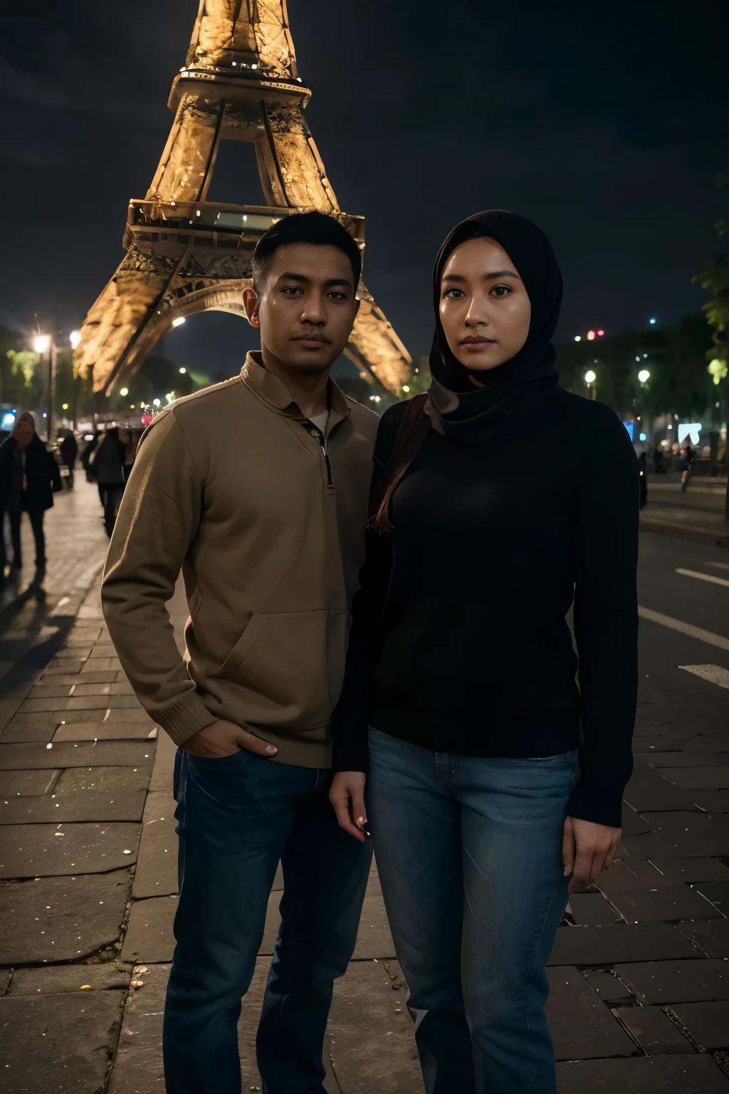 Masterpiece, upper, very detailed, real photos, couple indonesian woman wearing hijab and indonesian man wearing a sweater and jeans, standing facing the camera under the Eiffel Tower at night , 32K ultraHD resolution, HDR, 800mm lens, realistic , hyperrealistic, photography, professional photography, deep photography, ultra HD, very high quality, best quality, mid quality, HDR photo, focus photo, deep focus, very detailed, original photo, original photo, ultra sharp, nature photo, masterpiece, award winning, shot with hasselblad x2d