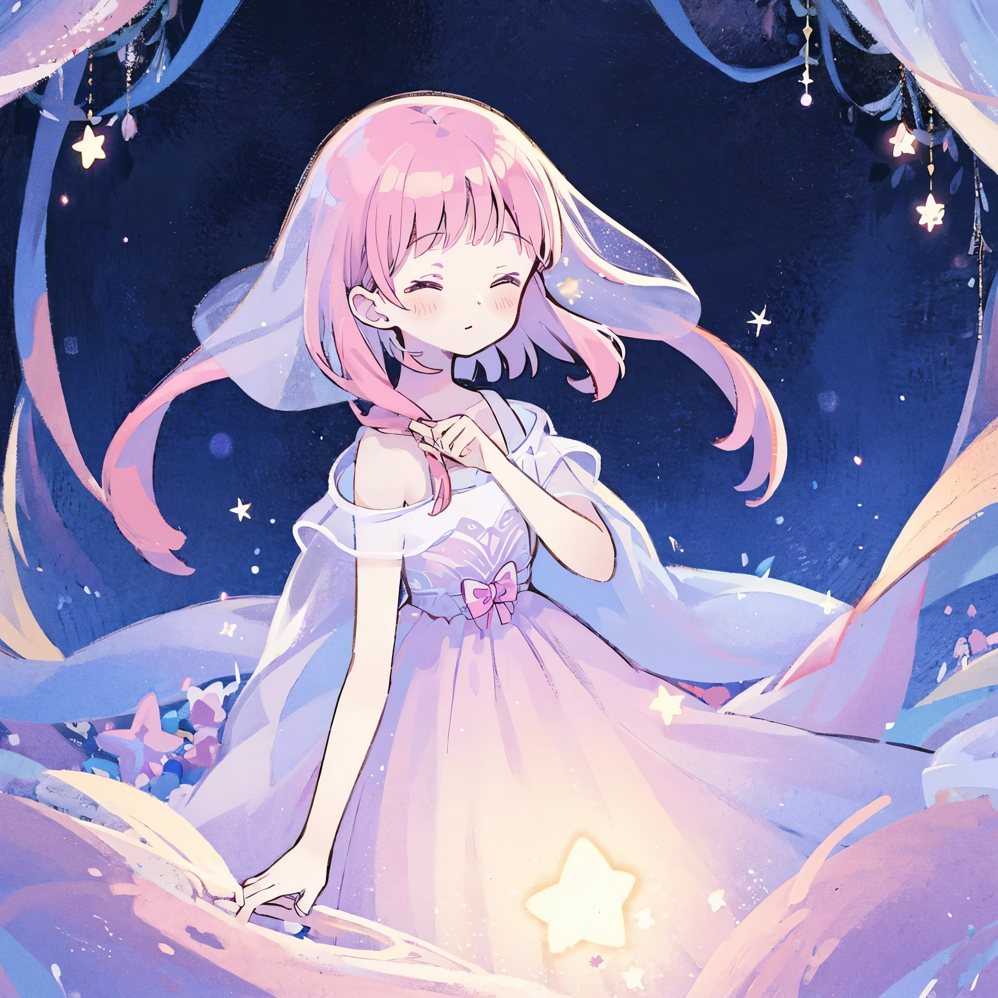 complex background, wishing star background, a woman wearing an ethereal mystical pink translucent dress that reflects the stars, perfume promo art, mystic, complex drawing, highly detailed, Covergirl brand, promo art, artistic rendition, ethereal, starry night, midjourney style