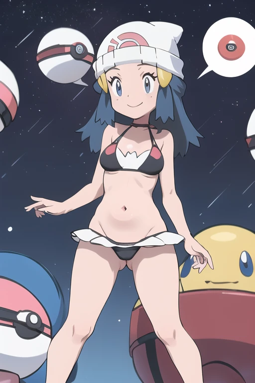 , ((Acostada)) echada bikini (dawn) (medium breasts)) ((medium Dinners)) (li) ((pokeballs)) ((pokebola))(gorro) cute smile