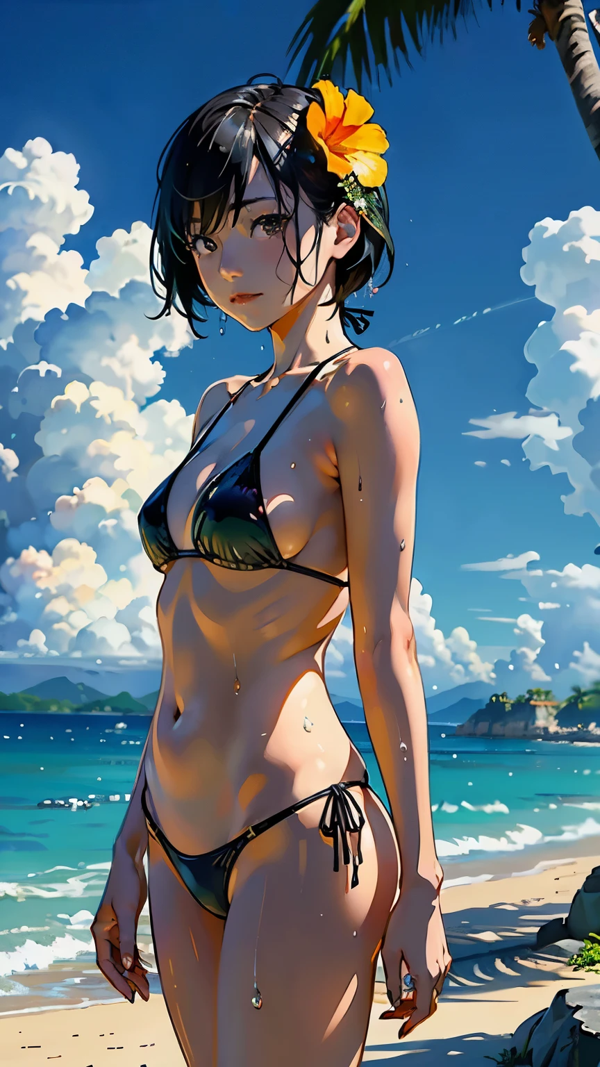 ((highest quality, masterpiece, High resolution)), ((reality)),Photos of beautiful Japanese women, 1 woman, small breasts, slim body shape, medium short hair, Wet see-through bikini, realistic skin、Wet,full body,No zoom,No close-ups,cinematic light、tropical、(flowers on the beach)、Against the background of palm trees、on a sunny beach、With the sea in the background、squall、rainbow、blur background、