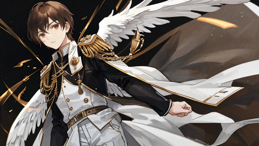 boy with brown hair, brown eyes, black royal clothes, white trousers, black majestic wings 