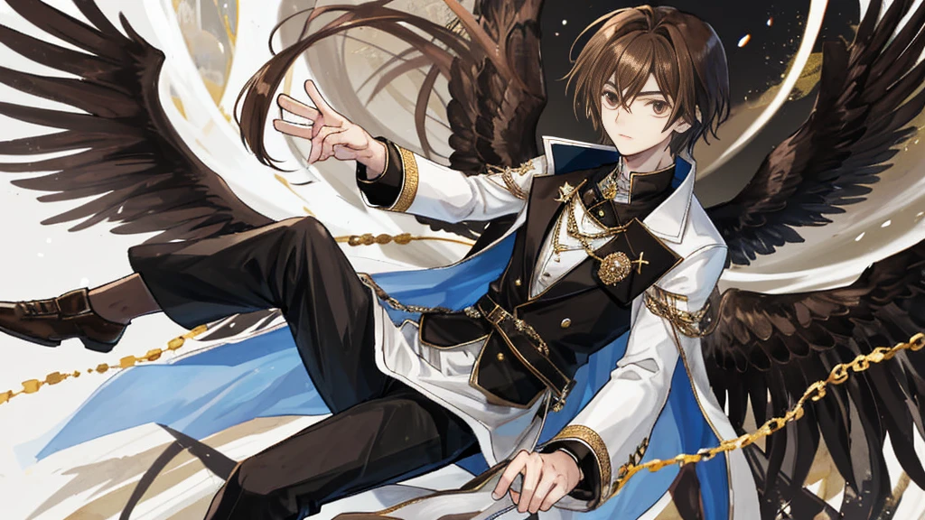 boy with brown hair, brown eyes, black royal clothes, white trousers, black majestic wings