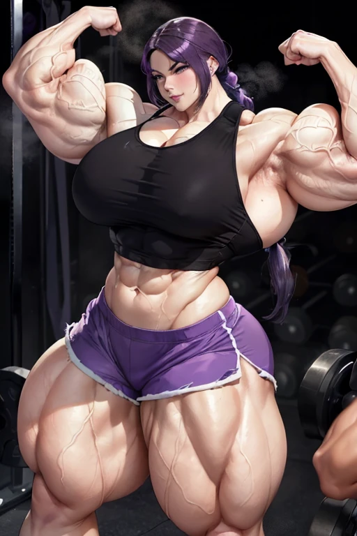 (((((Massive, tall, beautiful, sweating, pale white skinned, buff, muscular asian woman with violet purple hair, ginormous bulky muscles flexing biceps and wearing a black sports bra and black dolphin shorts))))), (close view), massive muscle, massive biceps, hyper muscle shoulders, vascular shoulders, hyper muscle triceps, (long hair with long bangs), black eyes, choker, fingerless gloves, (in a steamy foggy weight room), confident smile, morning, hyper vascular arm, hyper muscles arms, hyper muscle legs, massive arms.