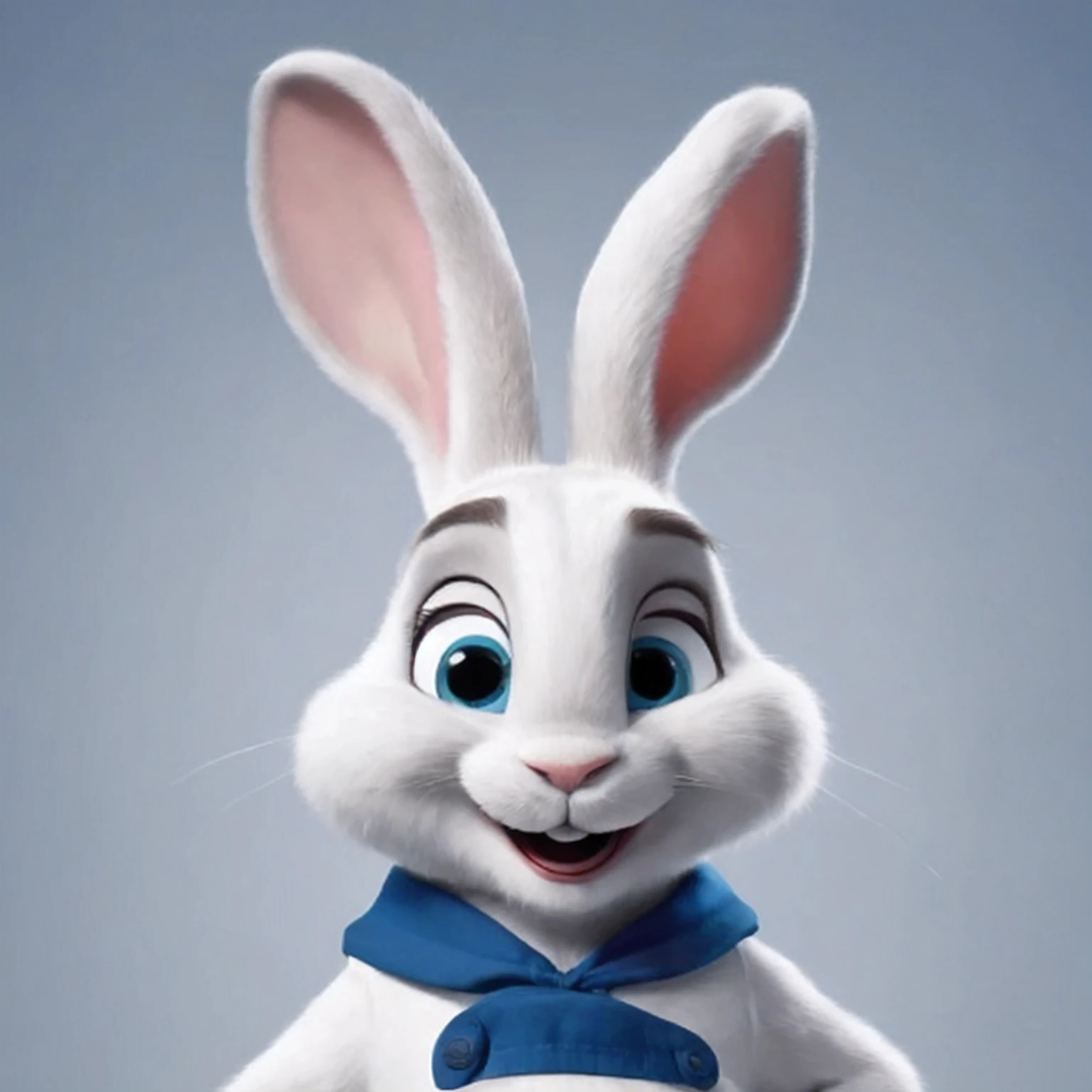 Close-up of a rabbit wearing a green bow tie,super clear，4K，Aperture f22, a portrait of Judy Hopps, Judy Hopps, Judy Hopps from zootopia, mob_Features, portrait of a bugs bunny, Anthropomorphic Rabbit, Zootopia style, Cute Anthropomorphic Rabbit, bugs bunny, Cartoon, white rabbit, zootopia 2, movie Features，3D Pixar Disney style, A full-length white rabbit，Has a large, Smile brightly，Upper teeth clearly visible, big blue eyes, big ear， on a completely white background, (1.1), sharp focus, original photography, dramatic lighting, bust portrait, permanent,