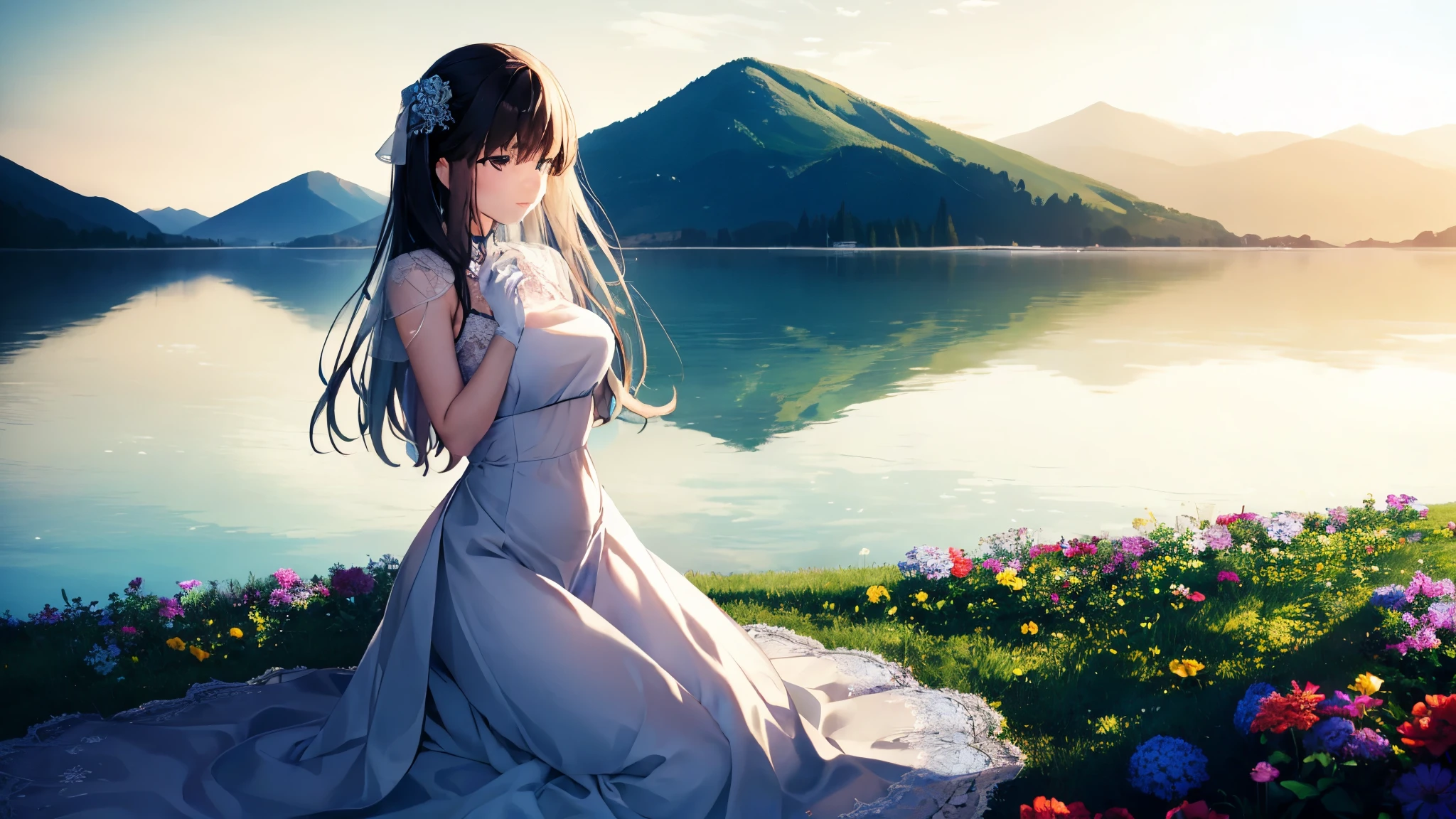 masterpiece，best quality，super detailed，Highest resolution，super clear，mountain top scenery，lake view，flower field，bouquet，fallen flowers，lace wedding dress，white dress，lace gloves，split，nice breasts，glowing butterfly，Mom and son，Mom parenting，Exhibitionist，Strong sexual desire，strong maternal instinct，tentacle，Entering the cave，spawning，cum on face，Liquid dripping， from