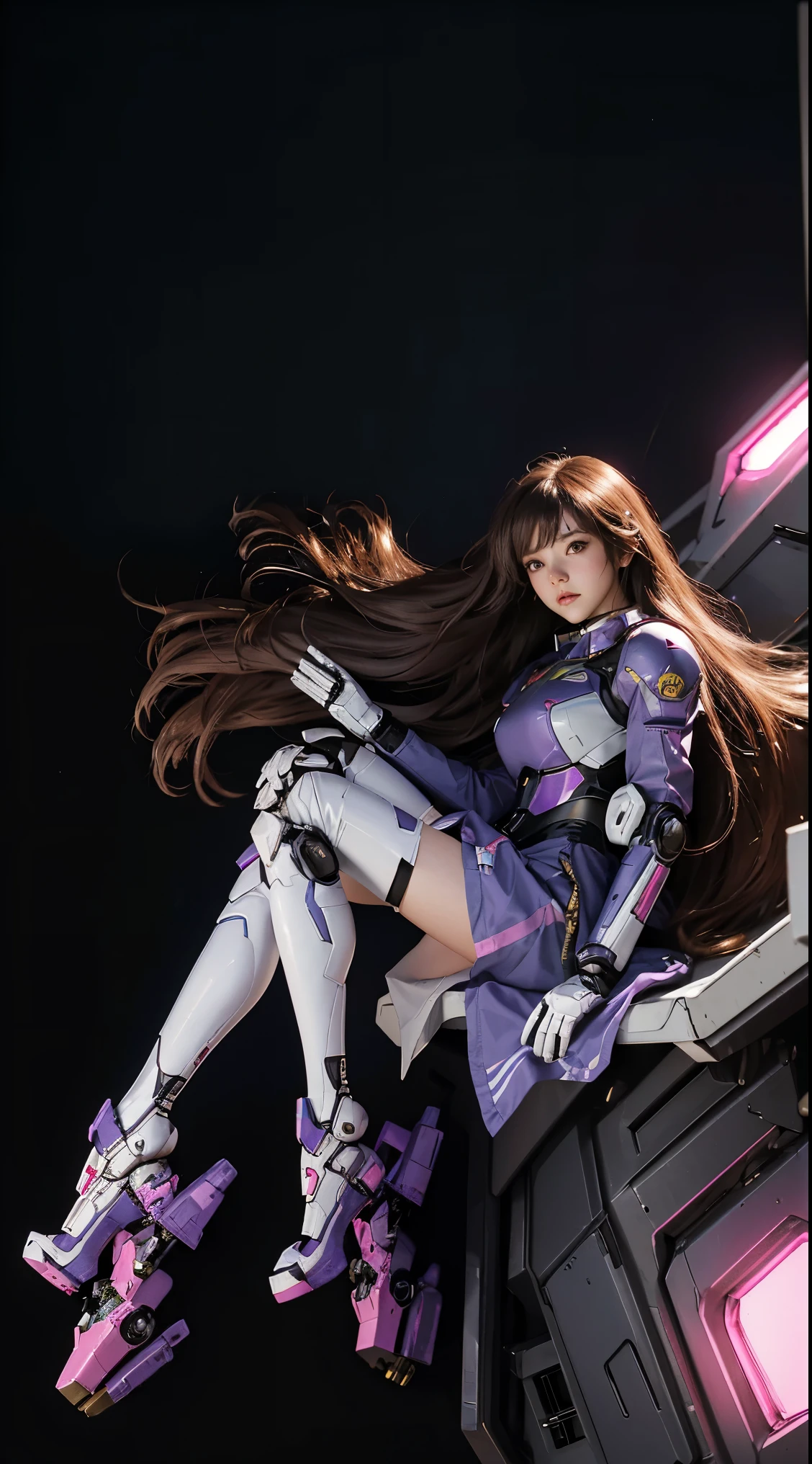 RAW, Masterpiece, Ultra Fine Photo,, Best Quality, Ultra High Resolution, Photorealistic, Sunlight, Full Body Portrait, Stunningly Beautiful,, Dynamic Poses, Delicate Face, Vibrant Eyes, (Side View) a close up of a woman in a pink and white gundam custume, dybamic pose, long brown very very long hair rapunzel, girl in mecha cyber armor, portrait armored astronaut girl, d. va from overwatch, female mecha, on a gundam, gundam head, chiho aoshima color scheme, mobile suit, streamlined purple armor, fully robotic!! girl, realistic cosplay, gundam armor (dynamic pose) (best cameraview), full body
