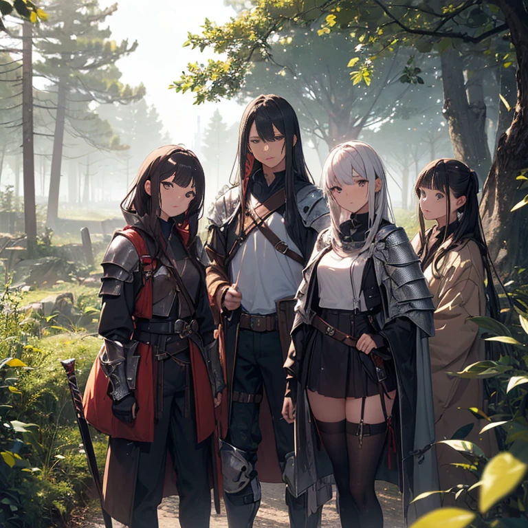 A group of female knight, (in forest), various hair styles, harem, wearing armored clothes, metal armor, night, details face, trousers, seducing, sword,
