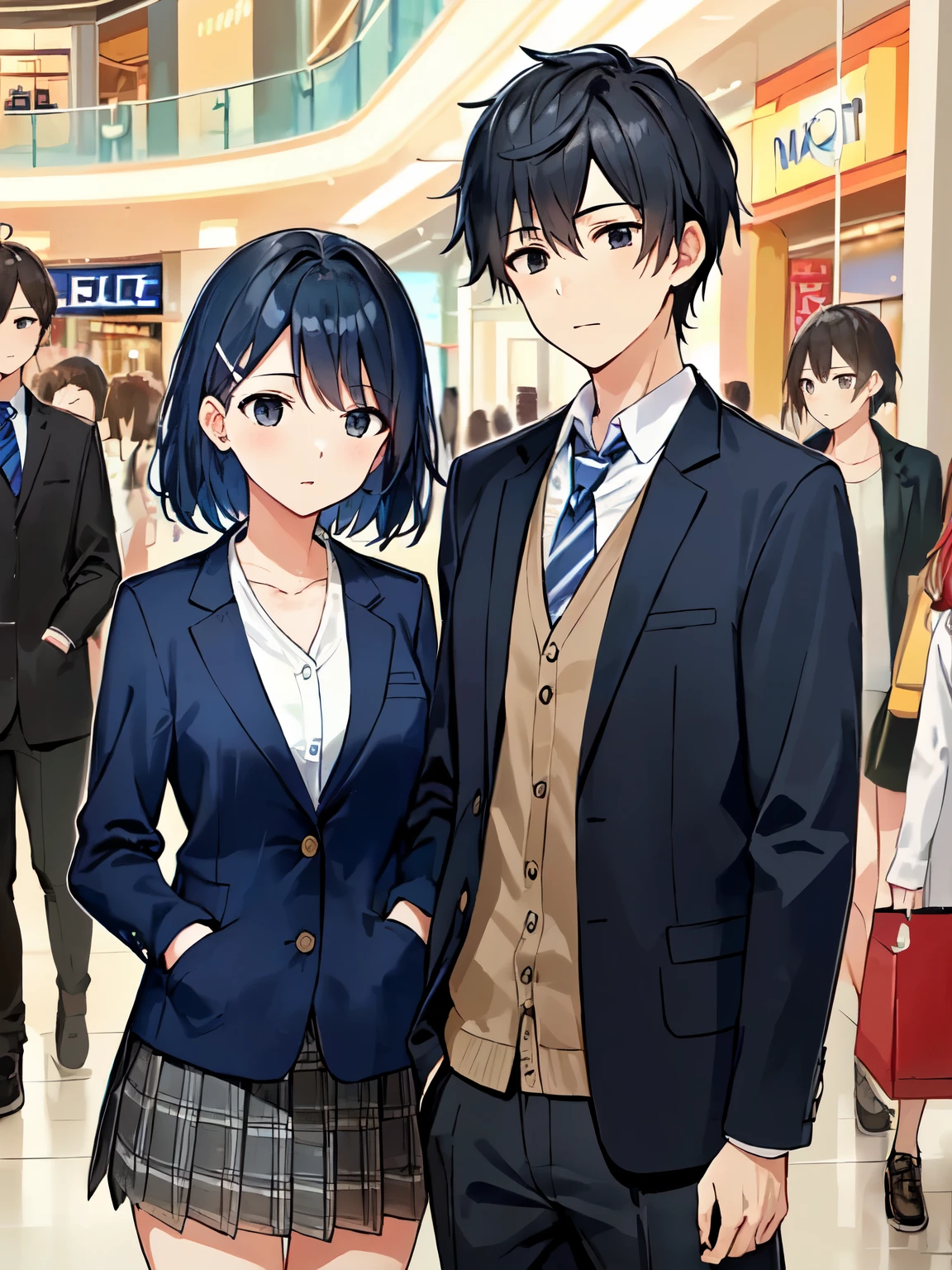 (masterpiece, best quality, illustrations), 1girl, medium breasts, (black eyes, navy blue hair, medium hair, hairclips), collarbone, (blazers, blue shirt, plaid skirt), mall, multiple girls, multiple boys, standing