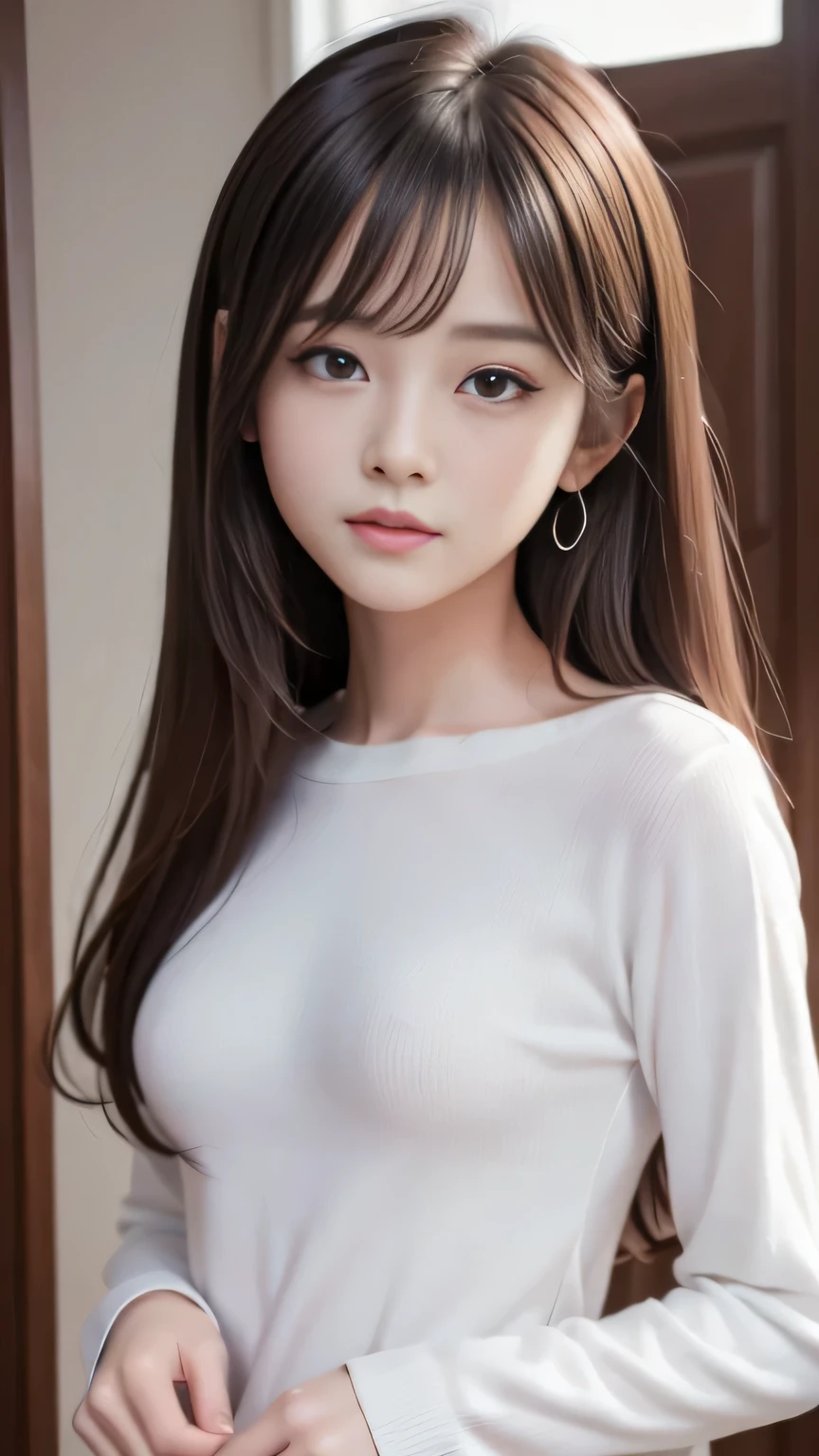 masterpiece、best quality、illustration、 Super detailed、fine details、 High resolution、8K Dende Wallpaper、perfect dynamic composition、24 year old beautiful girl、clear、detailed beautiful face、detailed beautiful eyes、textured skin、faint smile、small breasts、bold sexy pose、spring long sleeve shirt、