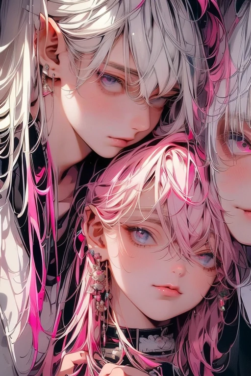 (muste piece), (best quality), very detailed, (((Two friendly high school boys:1.5))), perfect face, beautiful face, very detailed face，(white haired man:1.3)，(pink haired man:1.3)，School，classroom，student uniform，white uniform, tie，shirt, special A class anime,holding his face