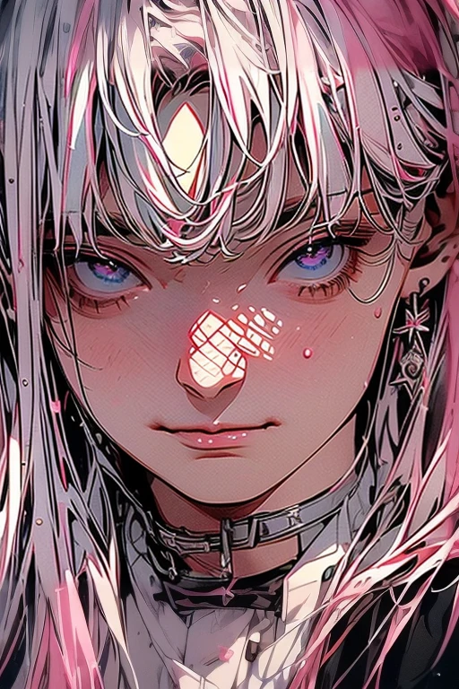 (muste piece), (best quality), very detailed, (((Two friendly high school boys:1.5))), perfect face, beautiful face, very detailed face,(white haired man:1.3),(pink haired man:1.3),School,classroom,student uniform,white uniform, tie,shirt, special A class anime,holding his face
