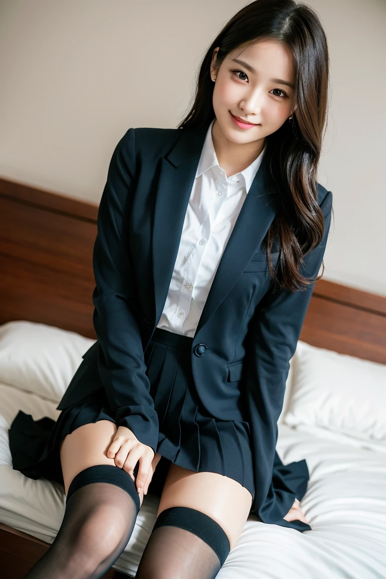 (8K), (highest quality: 1.2), (realistic), (realistic: 1.37), ultra high resolution, 1 girl, cute, shy smile, closed mouth, beautiful details, beautiful nose, wet hair, giant dulcefo, pork, thighs，Self snap,University Student Uniform,simple blazer,pleated skirt,(opaque knee high party socks),bed,spread your legs ,skirt lift, From above,bring your face closer,