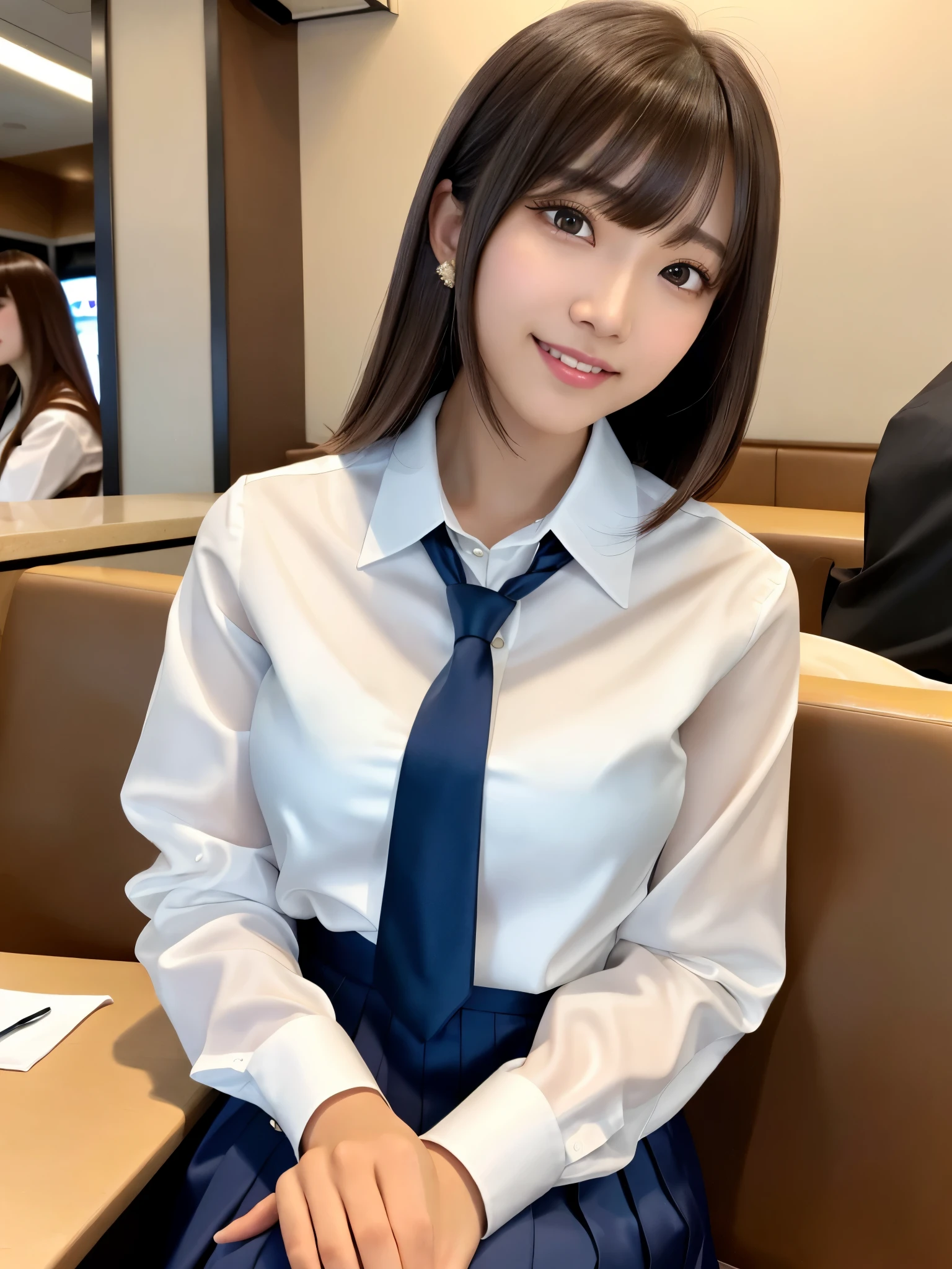 product quality, 1girl, upper body shot, front view, a Japanese young pretty girl, long bob hair, sitting with a big smile on a chair in a crowded restaurant in the sunset, glamorous figure, wearing a white collared shiny satin shirt of long sleeves, shiny satin dark blue plain long tie, dark blue pleated long skirt, hyper cute face, glossy lips, double eyelids in both eyes, natural makeup, long eyelashes, shiny smooth light brown long bob hair, asymmetrical bangs, a tanned skin, central image, high resolution, high detail, detailed hairstyle, detailed face, spectacular cinematic lighting, octane rendering, vibrant, hyper realistic, perfect limbs, perfect anatomy