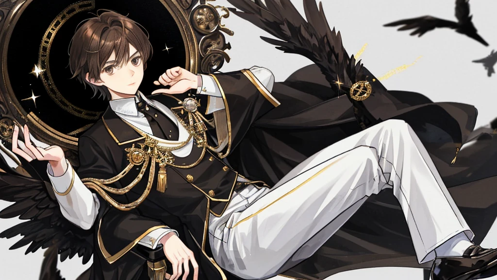boy with brown hair, brown eyes, black royal clothes, white trousers, black majestic wings