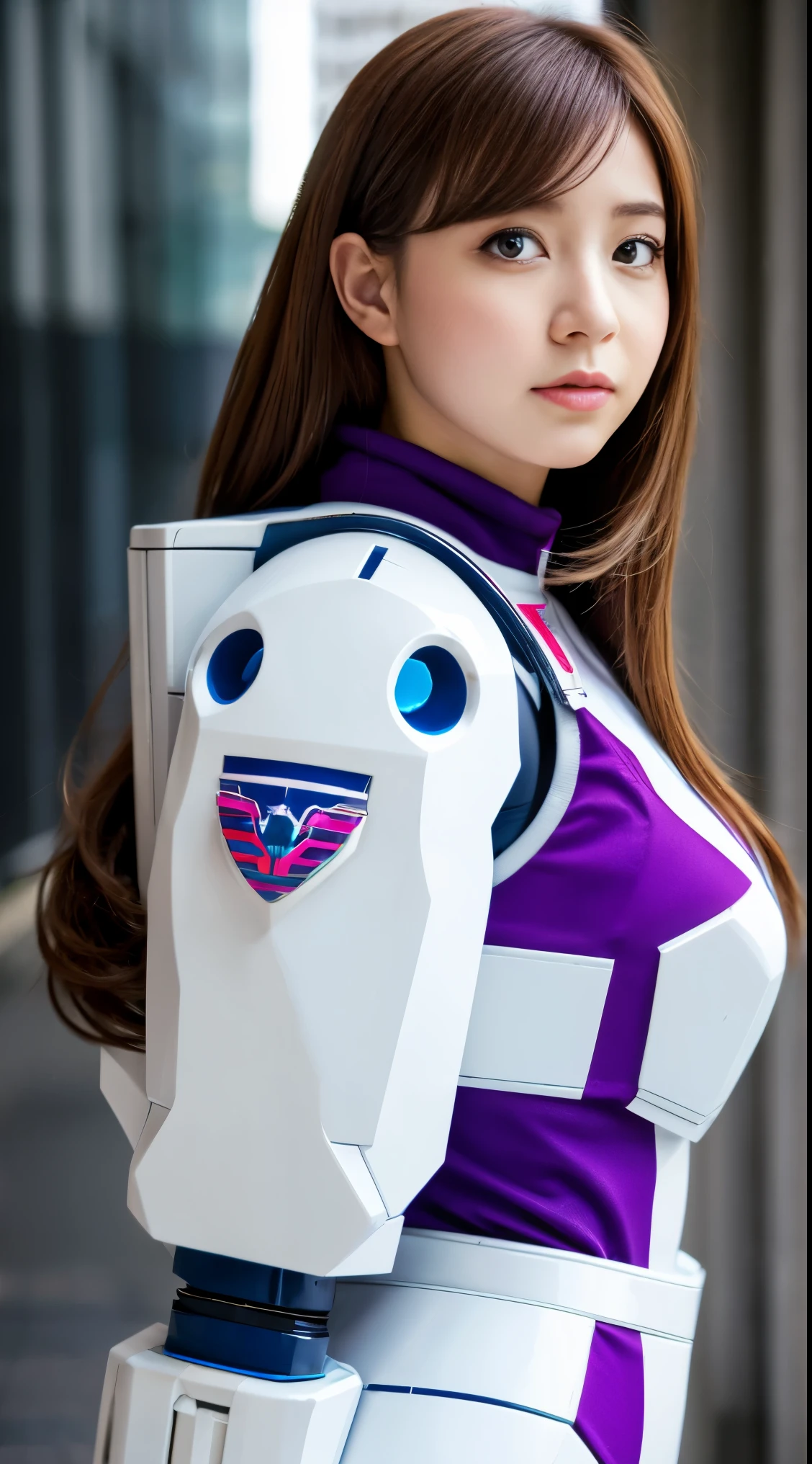 RAW, Masterpiece, Ultra Fine Photo,, Best Quality, Ultra High Resolution, Photorealistic, Sunlight, Full Body Portrait, Stunningly Beautiful,, Dynamic Poses, Delicate Face, Vibrant Eyes, (Side View) a close up of a woman in a pink and white gundam custume, dybamic pose, long brown very very long hair rapunzel, girl in mecha cyber armor, portrait armored astronaut girl, d. va from overwatch, female mecha, on a gundam, gundam head, chiho aoshima color scheme, mobile suit, streamlined purple armor, fully robotic!! girl, realistic cosplay, gundam armor (dynamic pose) (best cameraview), full body
