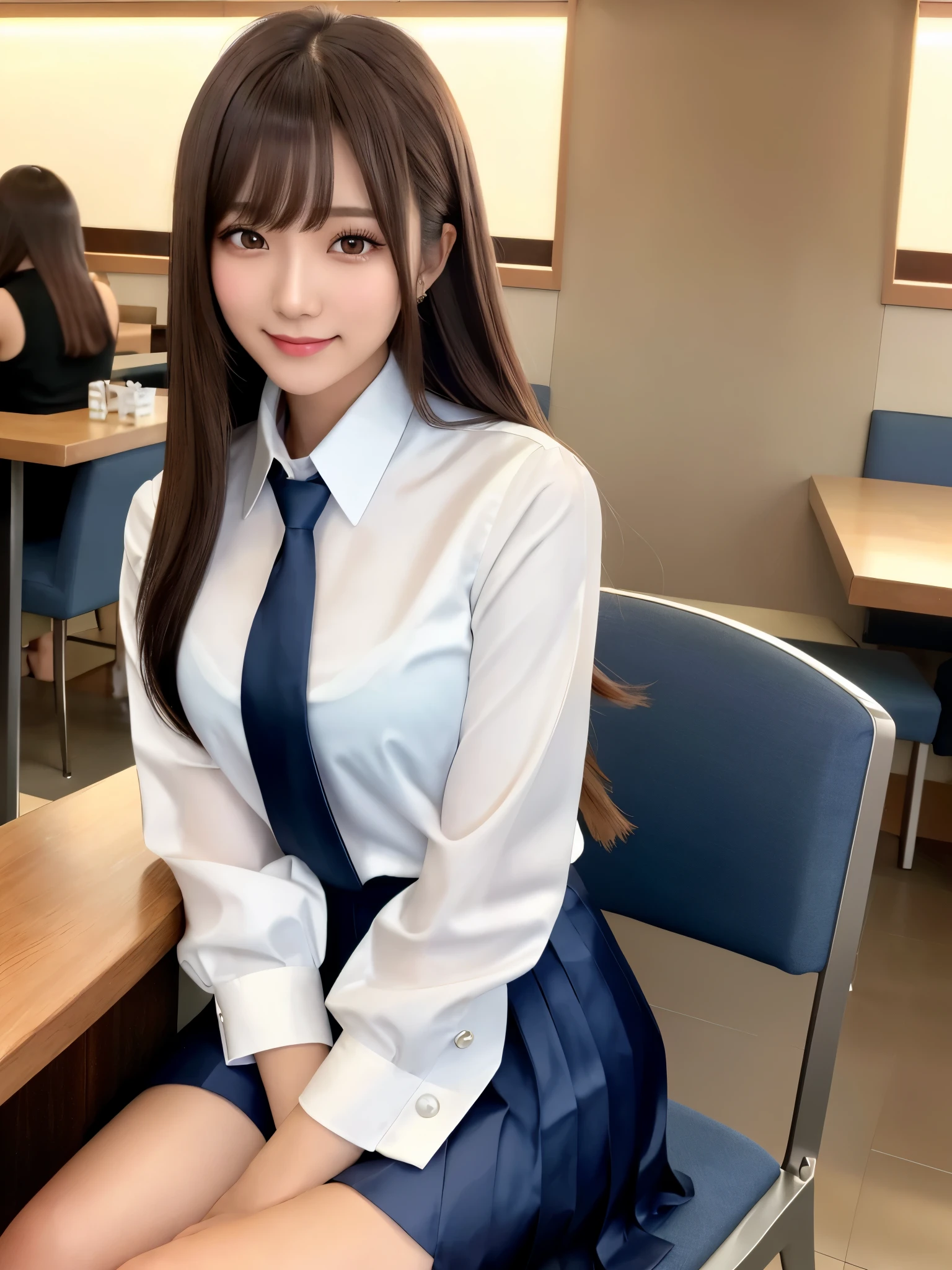 product quality, 1girl, upper body shot, front view, a Japanese young pretty girl, long bob hair, sitting with a big smile on a chair in a crowded restaurant in the sunset, glamorous figure, wearing a white collared shiny satin shirt of long sleeves, shiny satin dark blue plain long tie, dark blue pleated long skirt, hyper cute face, glossy lips, double eyelids in both eyes, natural makeup, long eyelashes, shiny smooth light brown long bob hair, asymmetrical bangs, a tanned skin, central image, high resolution, high detail, detailed hairstyle, detailed face, spectacular cinematic lighting, octane rendering, vibrant, hyper realistic, perfect limbs, perfect anatomy