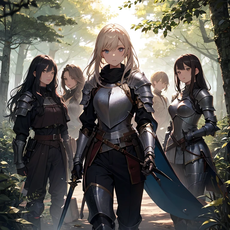 A group of female knight, (in forest), various hair styles, harem, wearing armored clothes, metal armor, night, details face, trousers, seducing, sword,